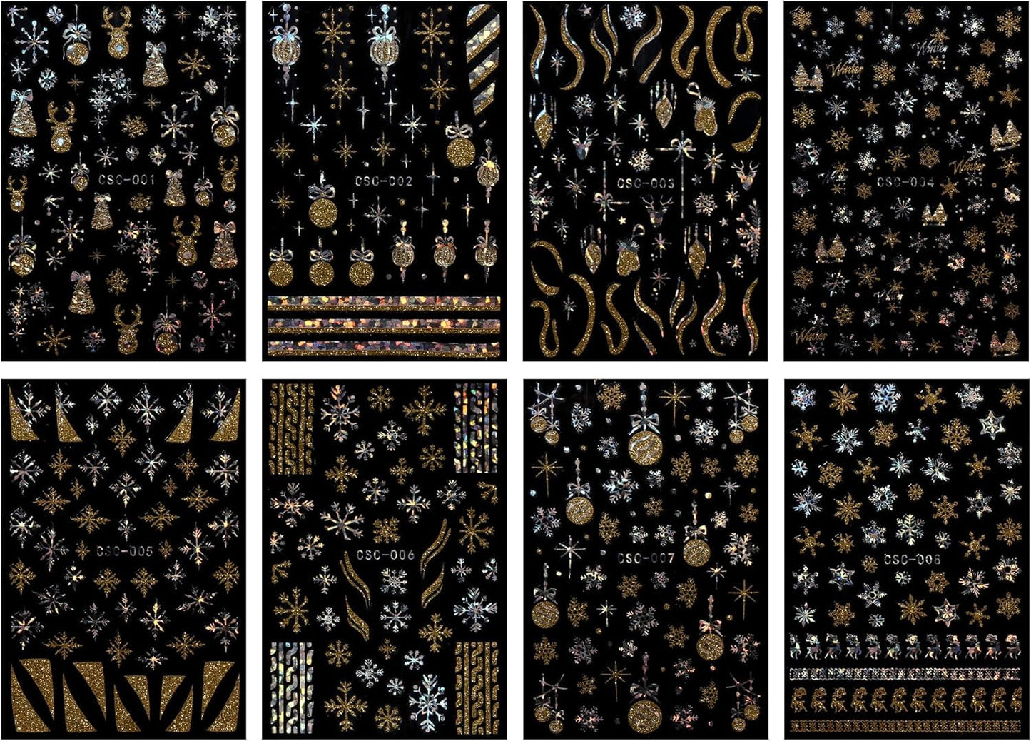JMEOWIO Nagelsticker Weihnachten Gold Glitter Silber 8 Blatt Nail Art Naklejka Selbstklebend Nagelaufkleber Schneeflocke Winterurlaub Dekoration Nageldesign Zubehör