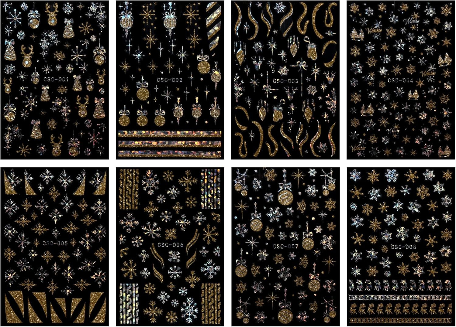 JMEOWIO Nagelsticker Weihnachten Gold Glitter Silber 8 Blatt Nail Art Naklejka Selbstklebend Nagelaufkleber Schneeflocke Winterurlaub Dekoration Nageldesign Zubehör