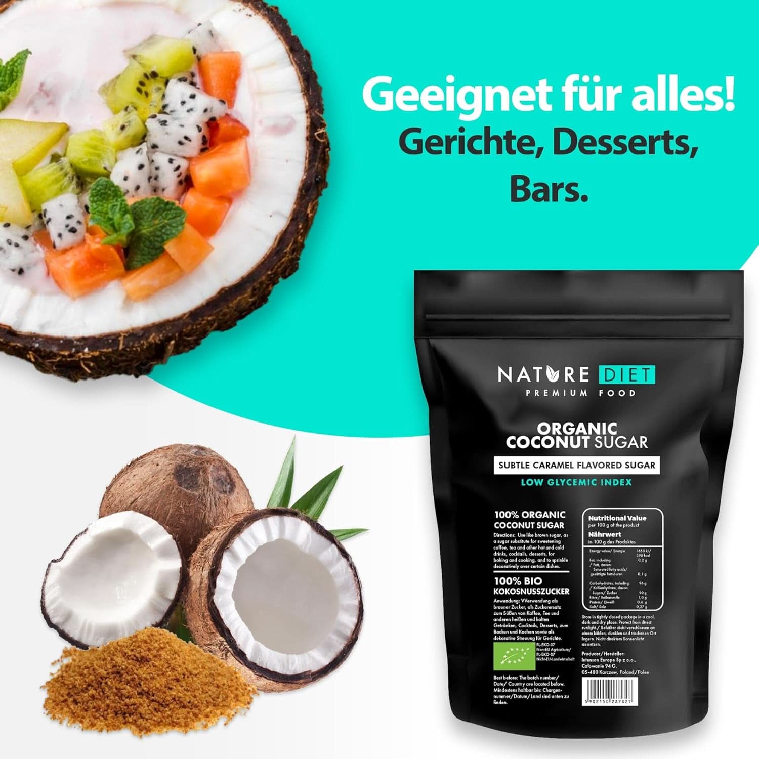 Organiczny cukier kokosowy o smaku karmelowym, 1,5 Kg Słodziki Naty Shop