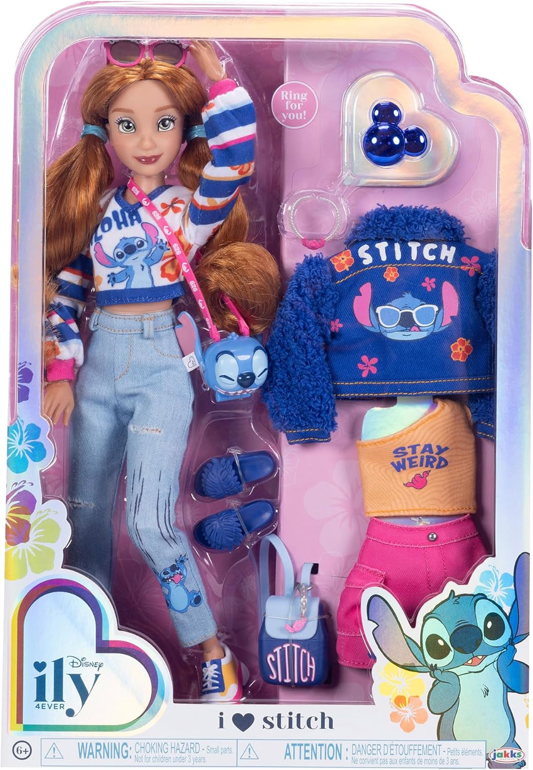Modne lalki Disney ILY 4EVER Stitch z rudymi włosami, wysokością 29 cm, 13 punktami artykulacji, dwoma kompletnymi strojami do łączenia i dopasowywania oraz błyszczącym pierścionkiem Mickey dla Ciebie!