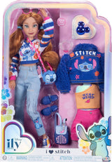 Modne lalki Disney ILY 4EVER Stitch z rudymi włosami, wysokością 29 cm, 13 punktami artykulacji, dwoma kompletnymi strojami do łączenia i dopasowywania oraz błyszczącym pierścionkiem Mickey dla Ciebie!
