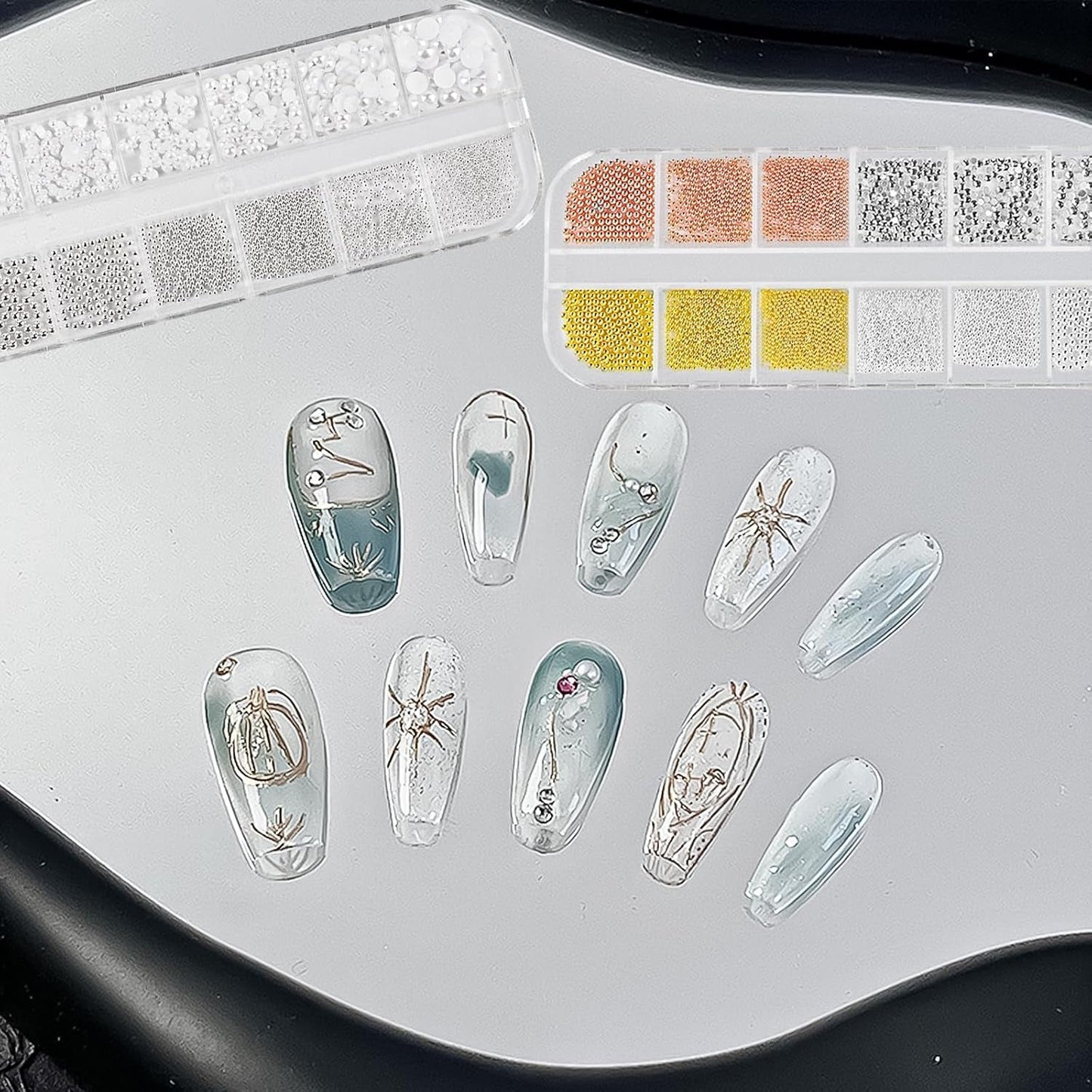 2 Boxen Nail Art Strasssteine, Mit Pincety Nägel Flatback Perlen Nail Charms Mit Kristallen Nagelzubehör Diamanten Edelstahl-Perlen Für Nagelschmuck
