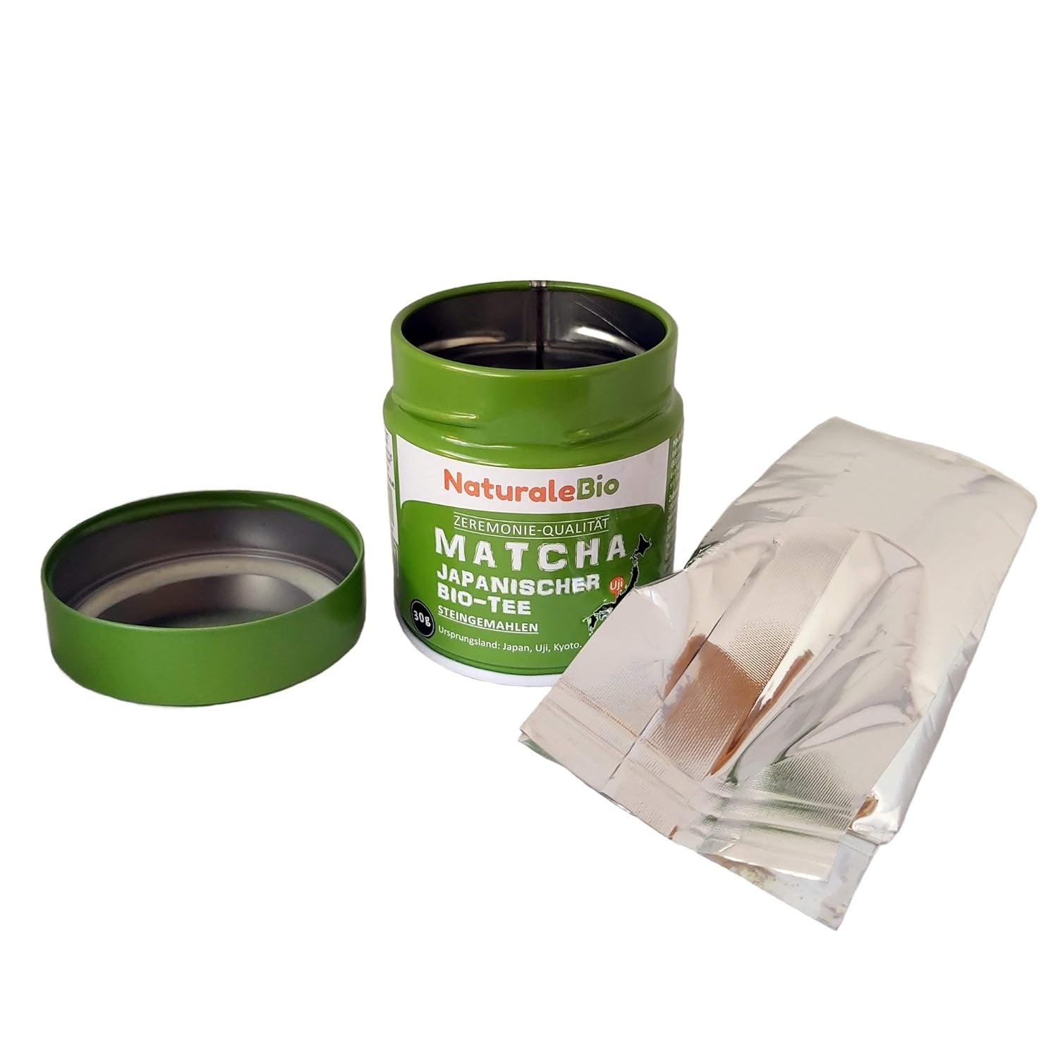 Naturalebio Ceremonial Grade Matcha Tea Powder Oryginalna zielona herbata z Japonii. Ceremonialna zielona herbata w proszku Matcha wyprodukowana w Uji w Kioto. Idealny do picia, gotowania i latte. Pudełko 30 g.