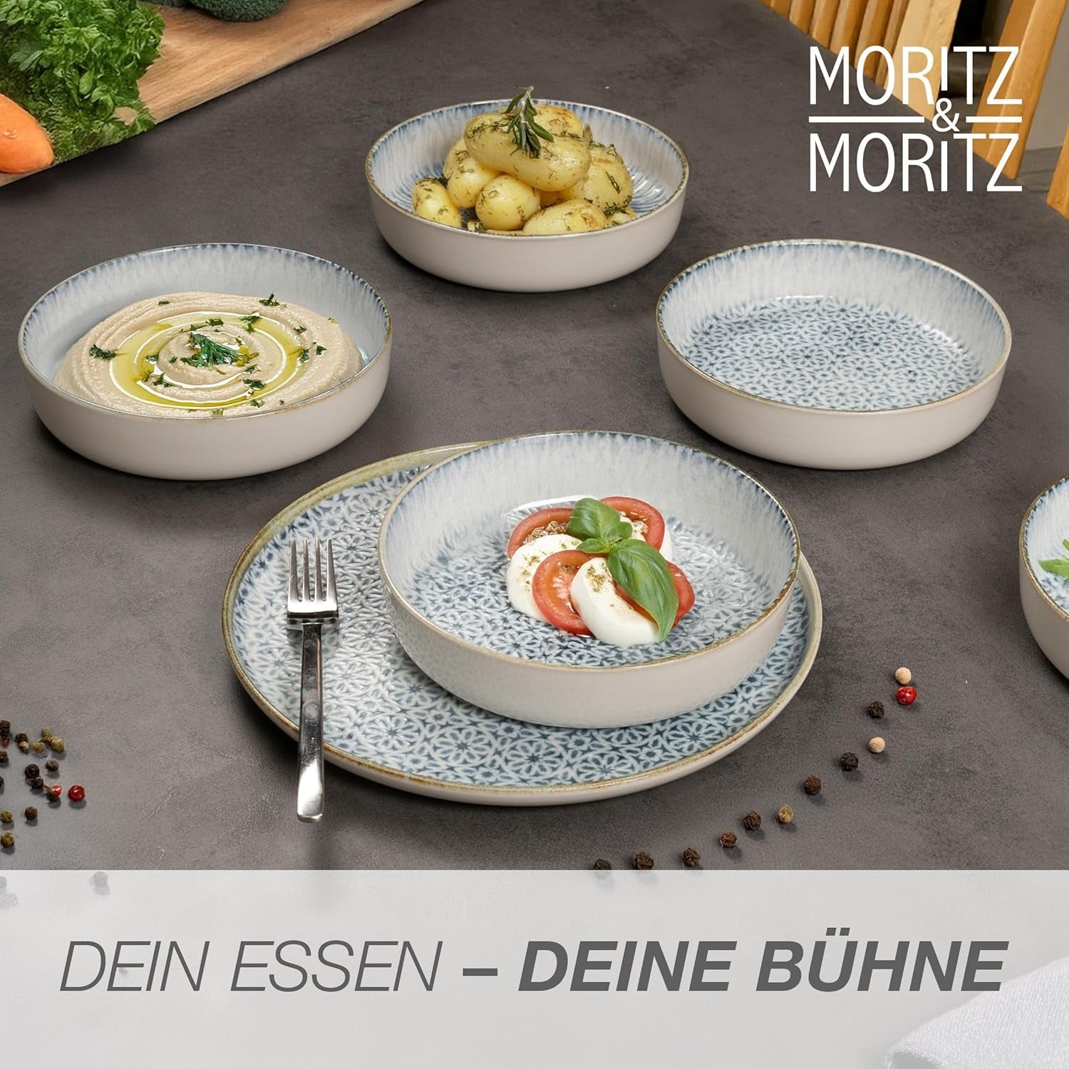 Zestaw naczyń obiadowych Moritz & Moritz ALHAMBRA na 6, 18 sztuk, wysokiej jakości porcelana - Nowoczesne niebieskie naczynia stołowe - Zestaw łatwy w pielęgnacji Zawiera 6 talerzy obiadowych, 6 talerzy deserowych i 6 misek