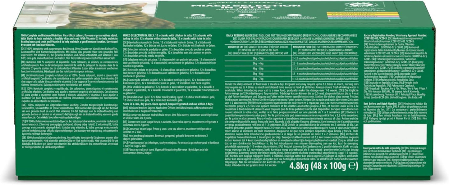 Amazon Grain Free Mokra karma dla dorosłych kotów, mieszanka mieszana w galaretce 4,8 kg (48 opakowań po 100 g każde)