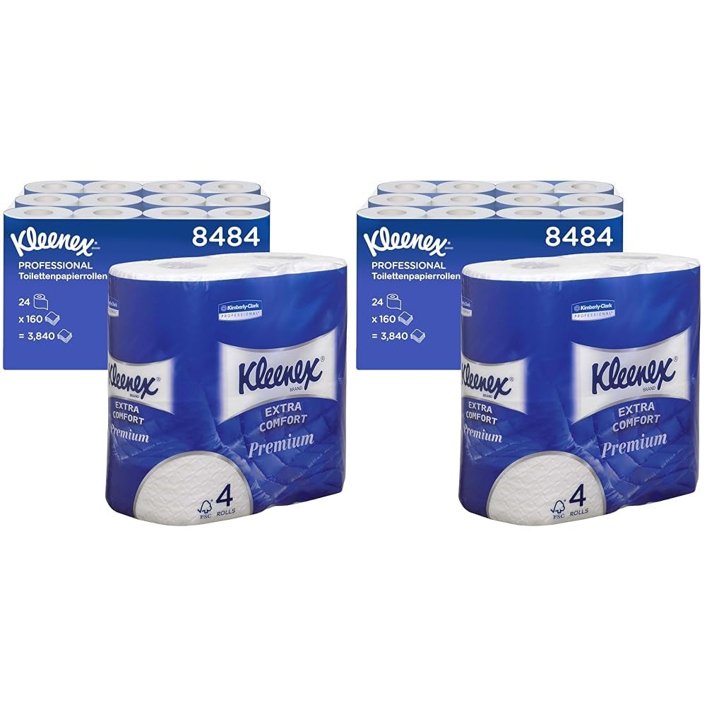 Rolki papieru toaletowego Kleenex Premium 8484, papier toaletowy 24 rolki x 160 dmuchanych arkuszy, 4-warstwowy papier toaletowy, 100% czystego włókna, wysokiej jakości, odporny na rozdarcie i miękki (2 opakowania)