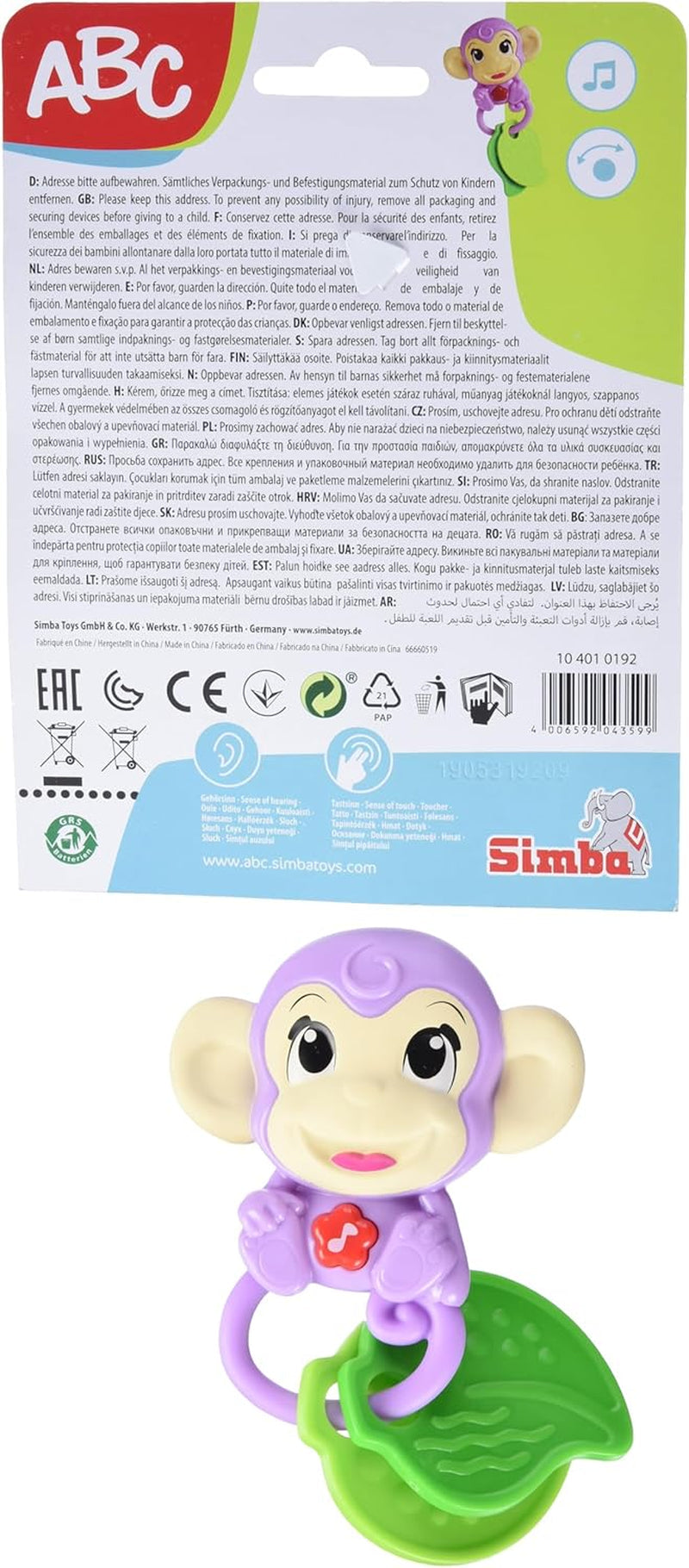 Simba 104010192 - Grzechotka muzyczna małpka ABC, 2 elementy sensoryczne, z funkcją muzyczną, 17cm, zabawka dla dzieci od 6 miesiąca Baby Toys Naty Shop