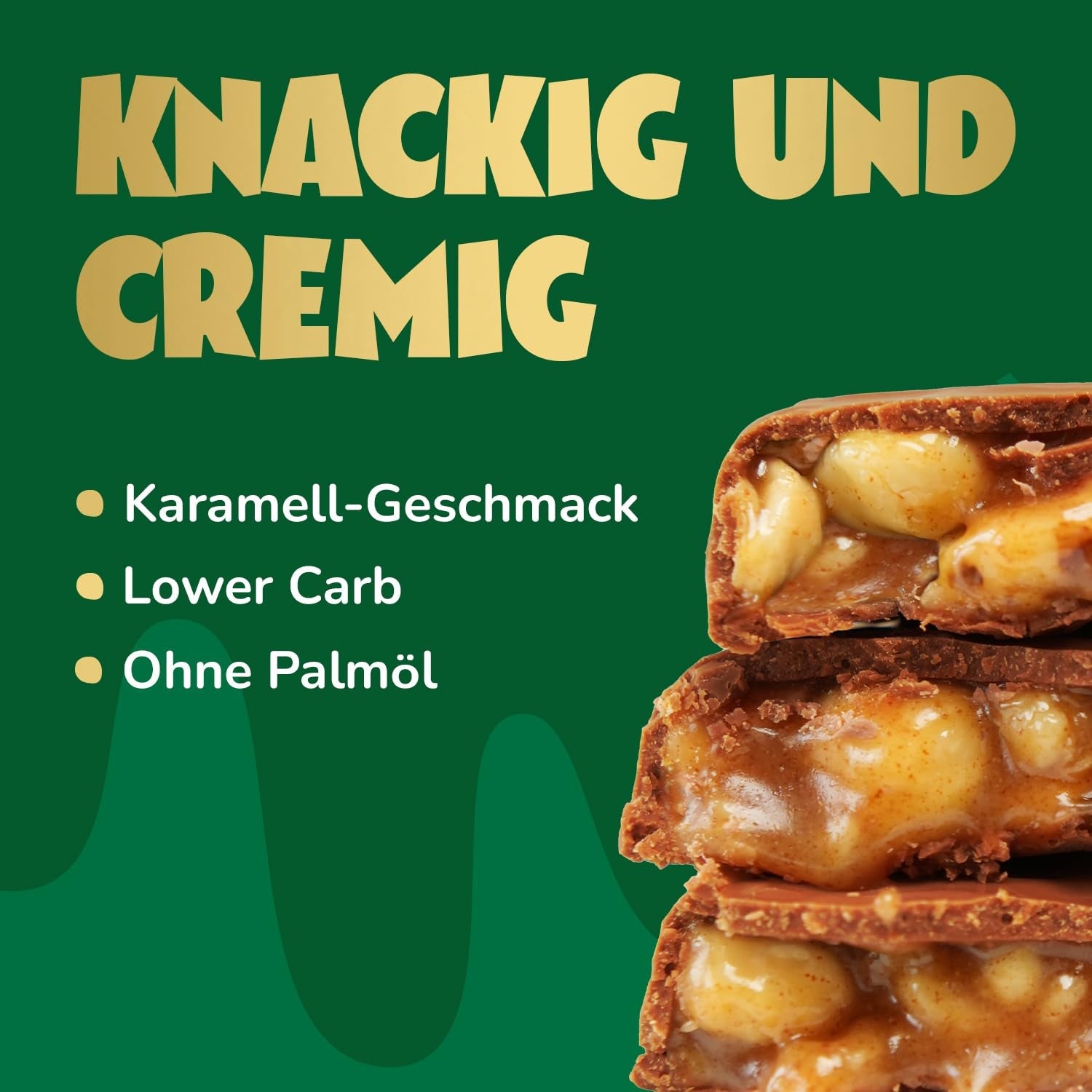 Przed nami batoniki czekoladowe z karmelem i orzechami laskowymi | 12 tabliczek czekolady x 35 g bez dodatku cukru | 1,9 g cukru na batonik | Chrupiący smak orzecha laskowego i karmelu | Słodycze o niskiej zawartości węglowodanów | Żadnego oleju palmowego