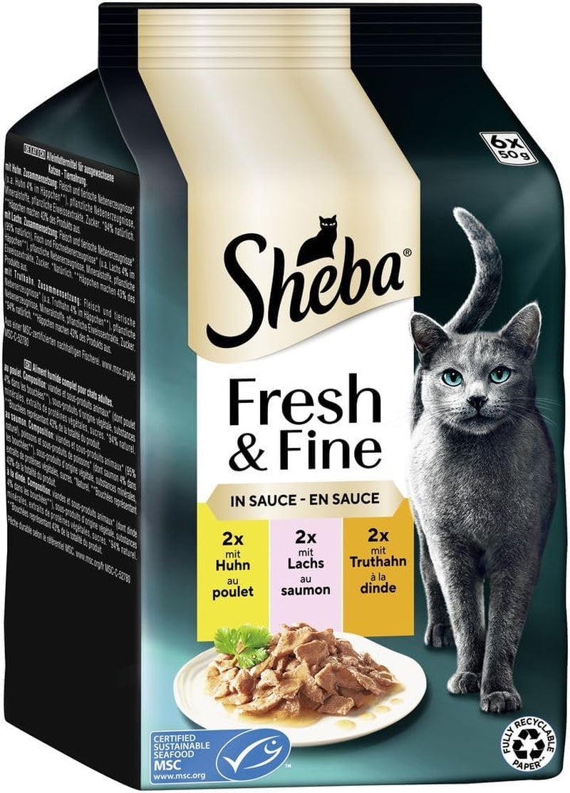 Sheba Porcja W saszetkach Mokra karma dla kotów, opakowanie zbiorcze Fresh & Fine w sosie z kurczakiem i łososiem MSC, 6x6x50g - Drobne posiłki dla kotów w sosie