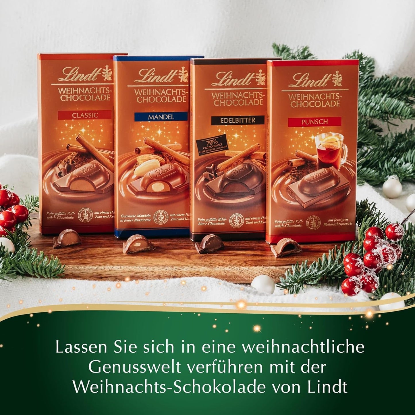 Lindt Świąteczny batonik czekoladowy z migdałami | 100 g | Migdały w kremie orzechowym oblane najlepszą mleczną czekoladą | Świąteczny prezent czekoladowy
