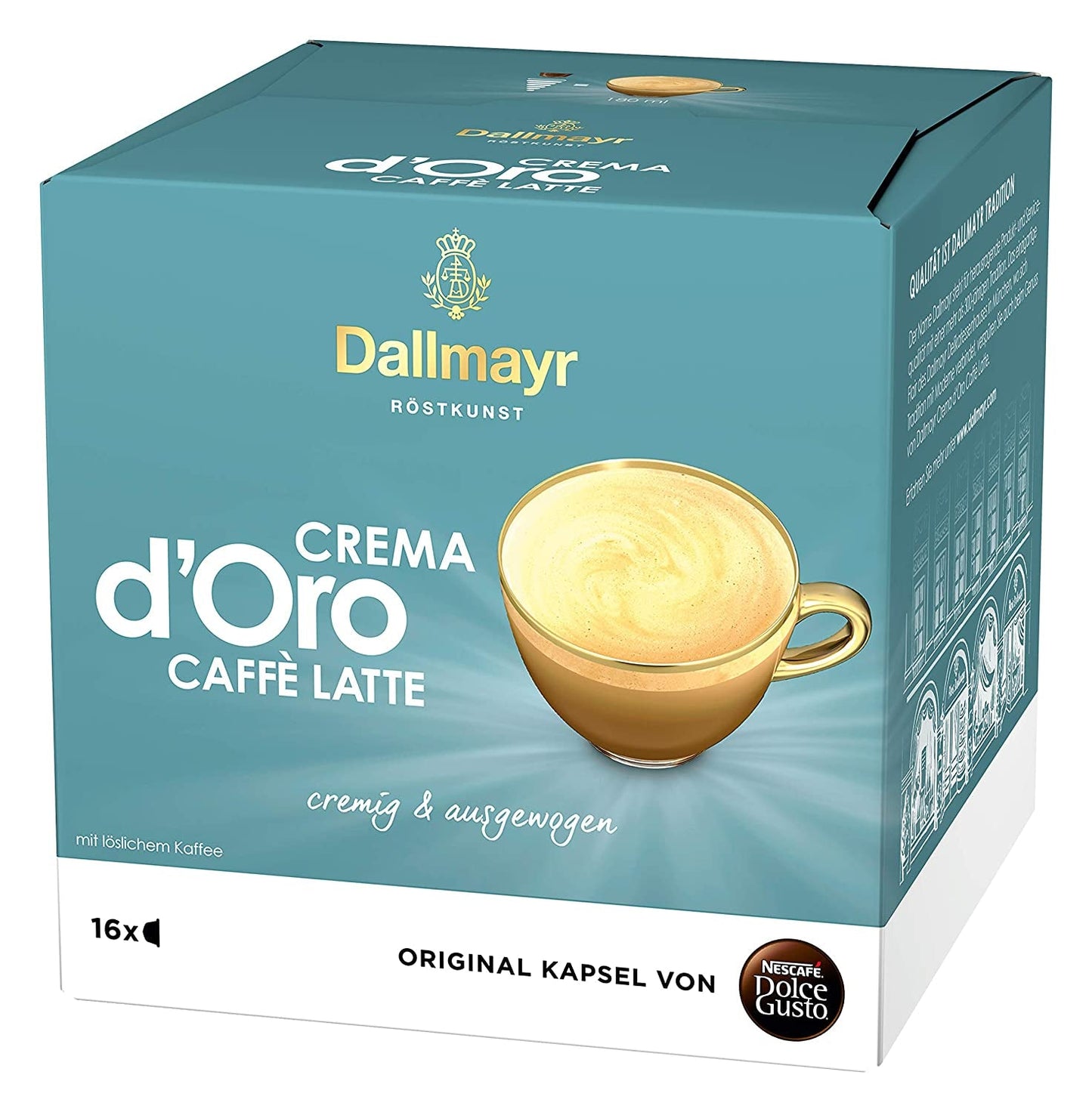 NESCAFÉ Dolce Gusto Dallmayr Prodomo, XXL-Vorratsbox, 90 Kaffeekapseln (3 x 30 Kapseln) & Dallmayr Crema d'Oro Caffè Latte (48 Kaffeekapseln, 48 Getränke, cremig&ausgefungen) 3-er Pack (3 x 16 Kapseln)