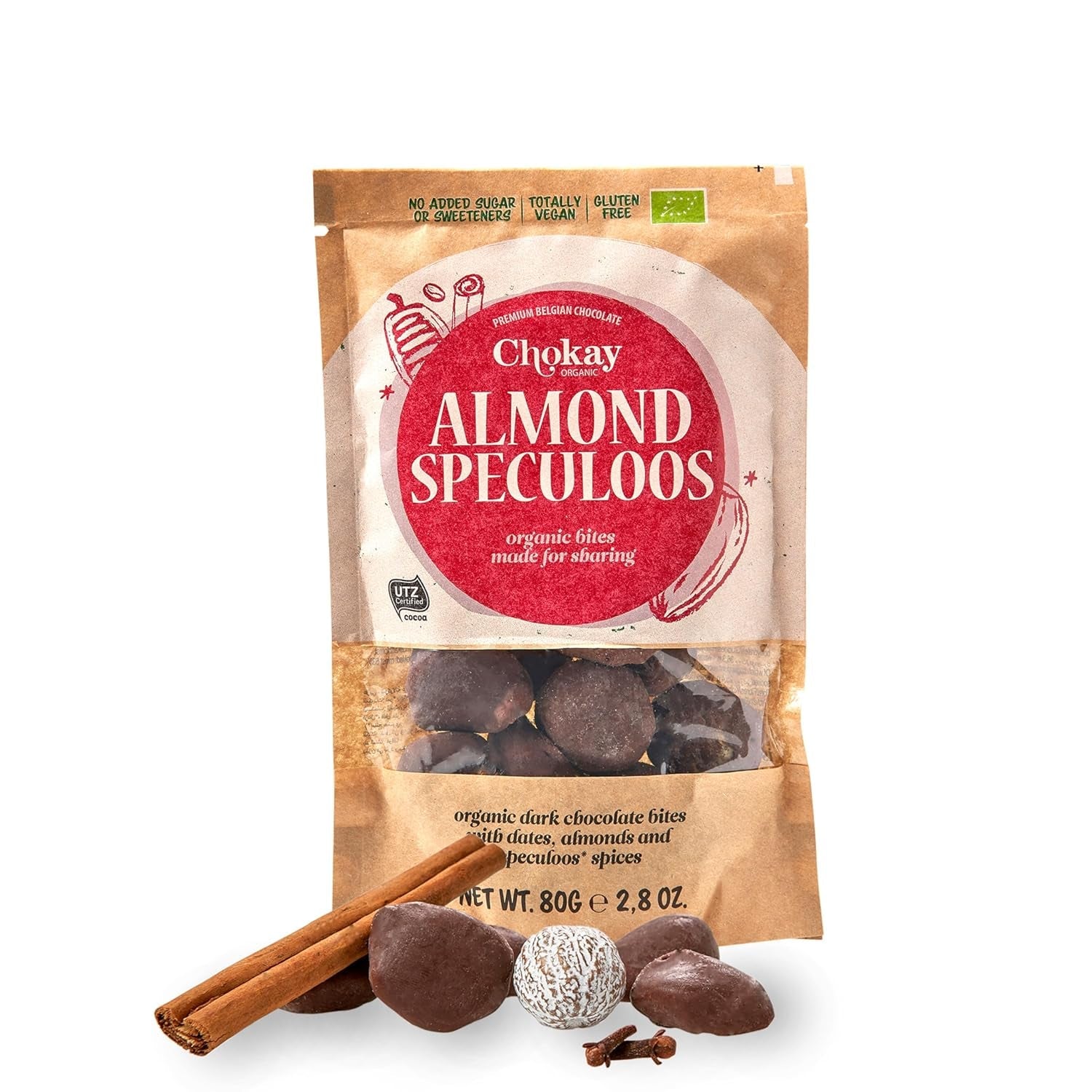 Organic Bites - Migdały Cynamonowe i Migdały Ciemnej Belgijskiej Czekolady / Bez Dodatku Cukru, Bez Słodzików / Wegańskie i Sprawiedliwego Handlu / 1 x 85g
