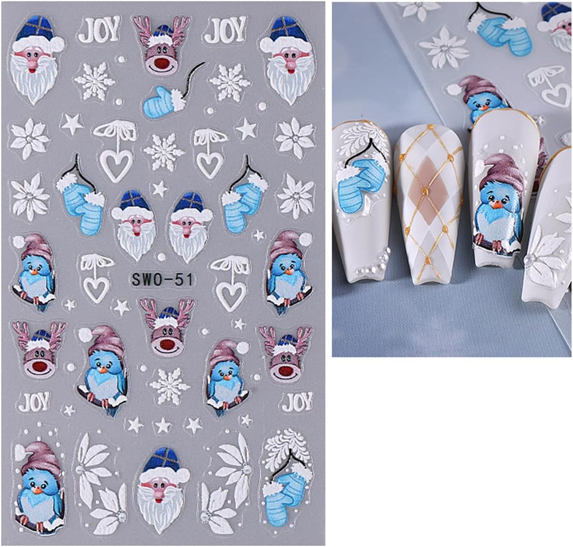 JMEOWIO Nagelsticker Weihnachten 6 Blatt Nail Art Naklejka Selbstklebend Nagelaufkleber Schneeflocke Winter Urlaub Süß Dekoration Nageldesign Zubehör