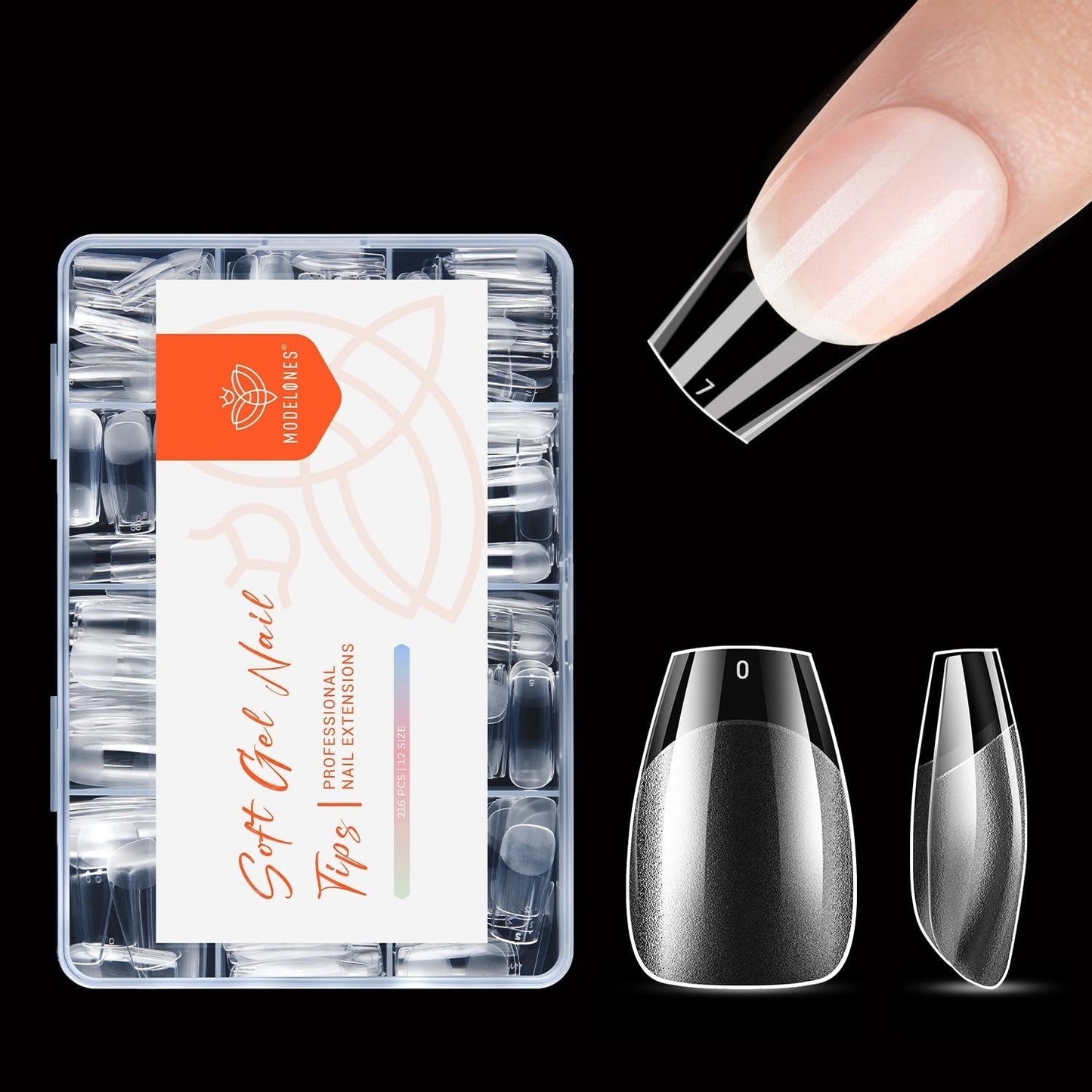 Modelones Tipsy 216 sztuk - Zestaw Full Cover Tips, Zestaw miękkich Tipsów żelowych, Wstępne polerowanie Tipsów z żywicy PMMA, DIY Klej na sztucznych paznokciach, Krótkie Migdały XS