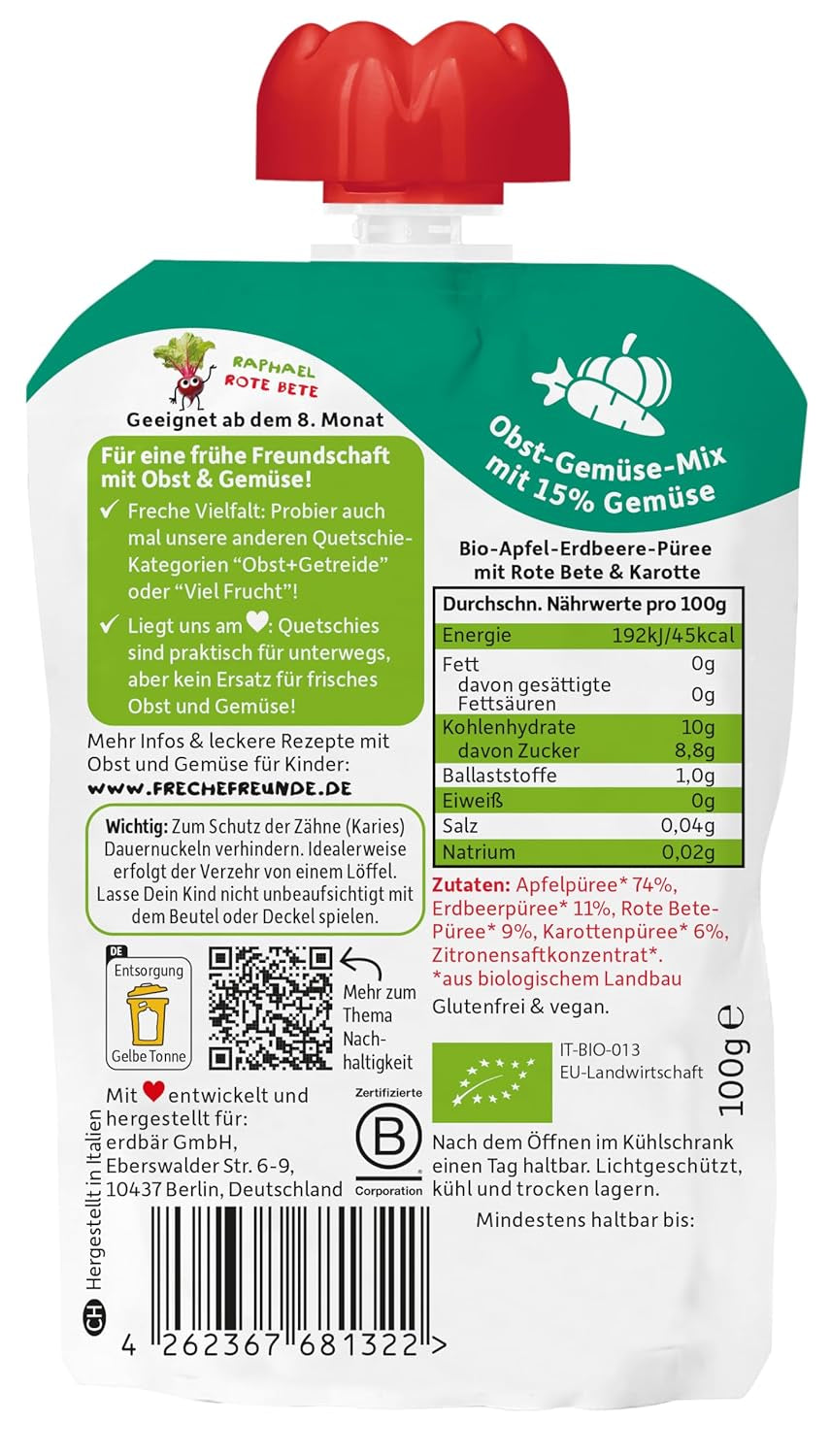 FRECHE FREUNDE Organiczne wyciskane torebki owocowe z jabłkami, truskawkami, burakami i marchewką, puree owocowo-warzywne w wyciskanej torbie dla dzieci od 6. miesiąca życia, wegańskie, opakowanie 6 szt. (6 x 100 g)