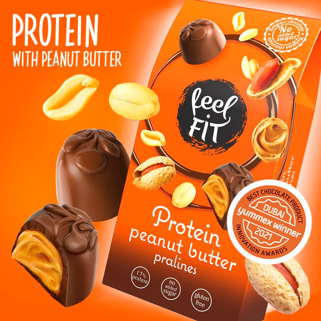 Feel FIT Praliny proteinowe z masłem orzechowym w wysokiej jakości mlecznej czekoladzie, bez dodatku cukru, 17% białka, bezglutenowe 66g (1 opakowanie)