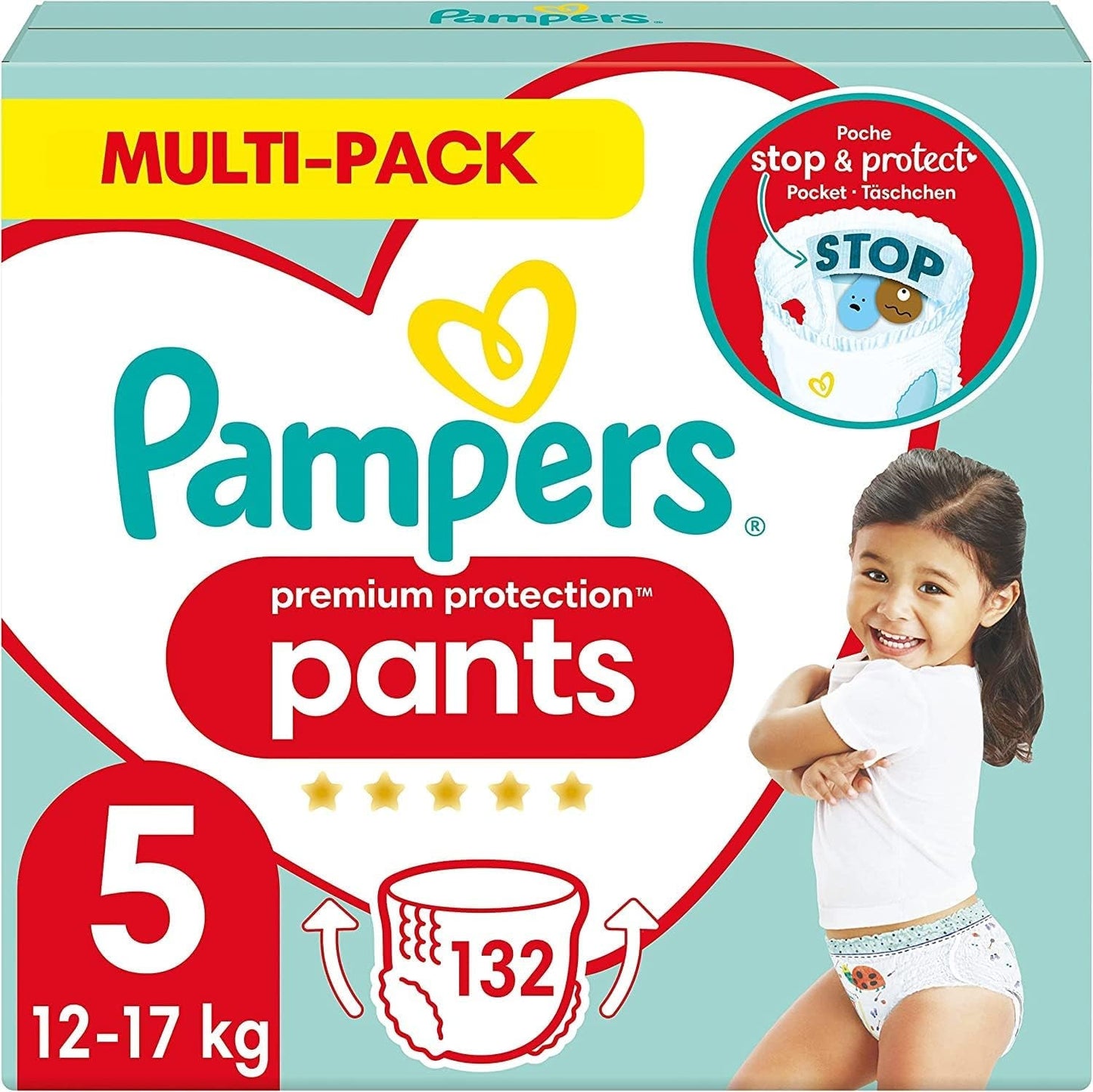 Spodnie Pampers Premium Protection rozmiar 5, 144 pieluszki, 11 kg - 17 kg, z regulacją 360° i miękkimi mankietami zapobiegającymi wyciekaniu dla optymalnego komfortu i ochrony