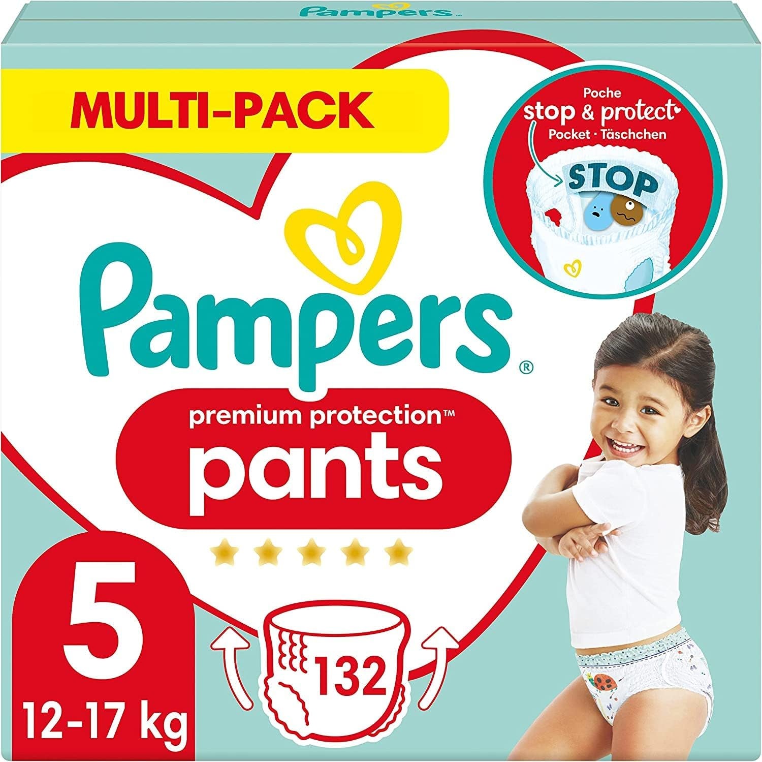 Spodnie Pampers Premium Protection rozmiar 5, 144 pieluszki, 11 kg - 17 kg, z regulacją 360° i miękkimi mankietami zapobiegającymi wyciekaniu dla optymalnego komfortu i ochrony