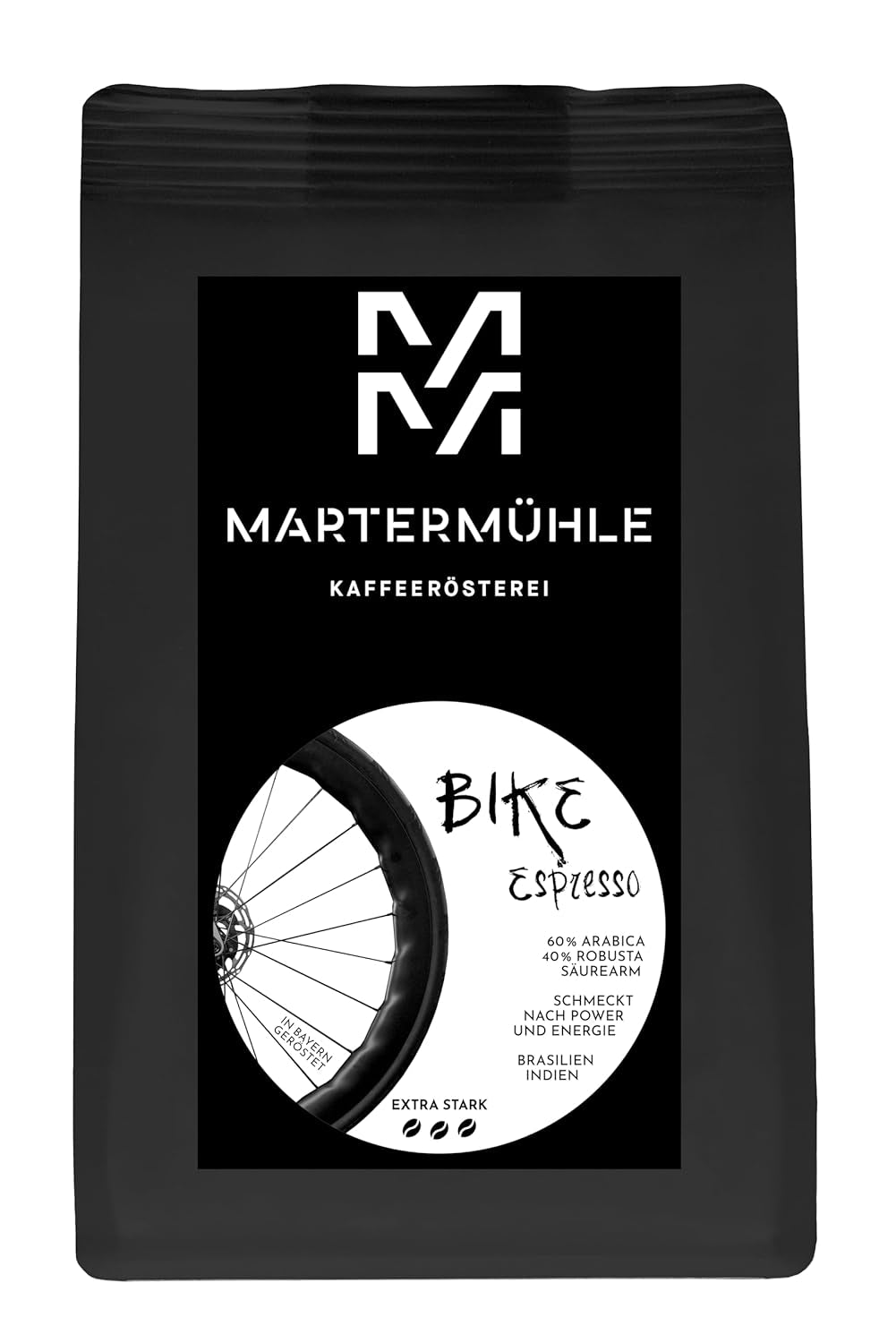 Ziarna espresso Martermühle Bike 500g Mocne | Arabika/Robusta | Smaki: Orzechy makadamia, mleczna czekolada | Jasno palone całe ziarna espresso, niska kwasowość