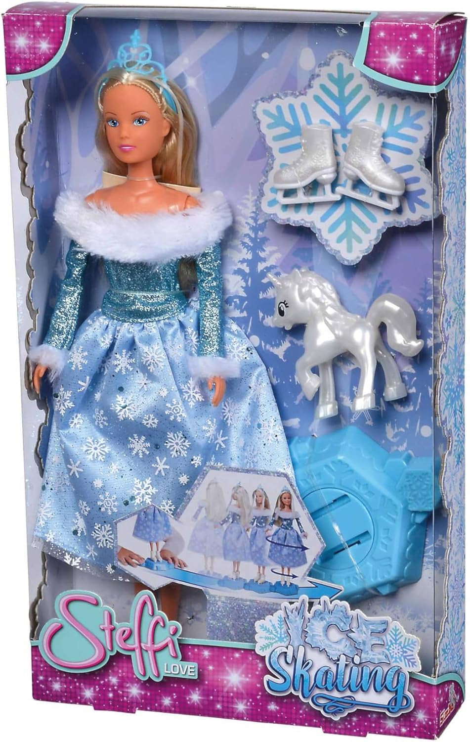 Simba 105733631 - Steffi Love Skating, lalka zimowa księżniczka z magiczną platformą do jazdy na łyżwach i małym jednorożcem, 29 cm, 3 lata i więcej