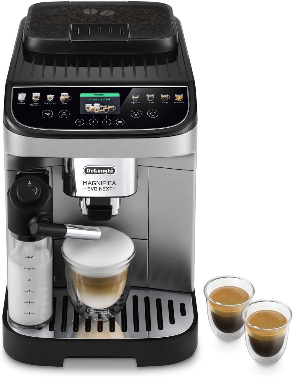 De'Longhi Magnifica Evo Next - W pełni automatyczny ekspres Perfetto ze spieniaczem do mleka LatteCrema, 13 napojów za jednym dotknięciem, ekspres do kawy i cappuccino, kolorowy ekran dotykowy, tytan (ECAM312.80.TB)
