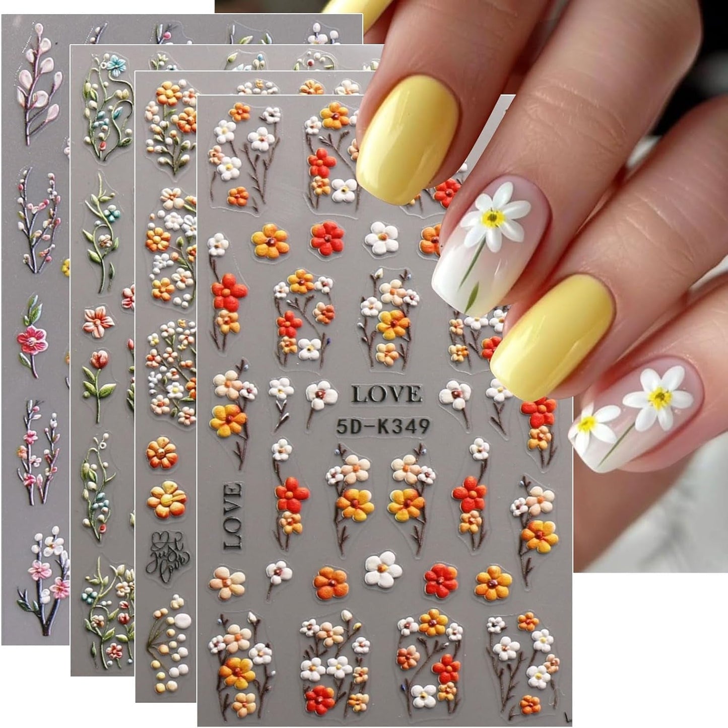 JMEOWIO 3D Nagelsticker Blumen Nail Art Naklejka Selbstklebend Nagelaufkleber 5D Stereoskopisch Herbst Blumen Dekoration Nageldesign Zubehör 4 Blatt