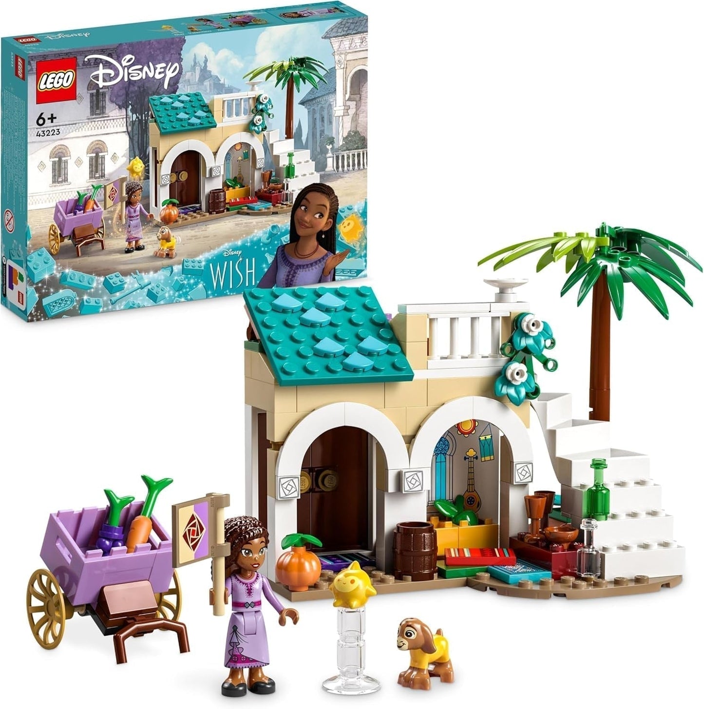 LEGO 43223 Disney Życzenie Ashy w Rosas City, zestaw filmów życzeń z targiem, mini lalka Asha, Valentino jako zabawka-koza i figurki gwiazd, prezent dla dzieci w wieku 6 lat, zestawy do budowania dla dziewcząt i chłopców w sklepie LEGO
