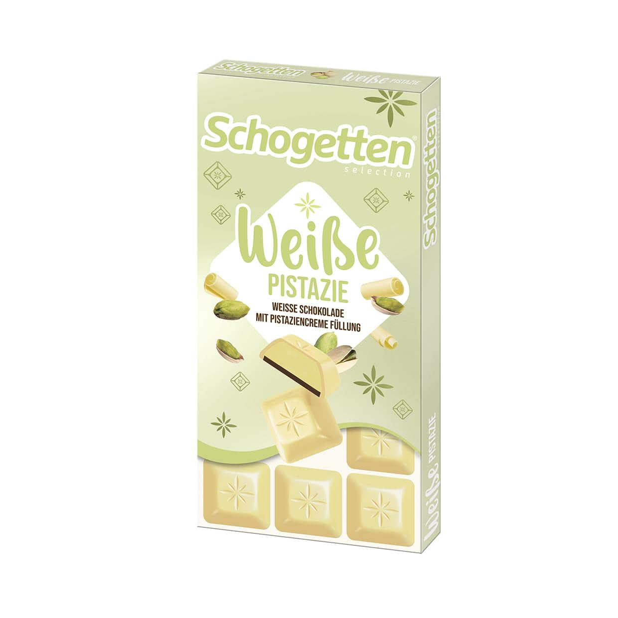 Schogetten Biała Pistacja | Biała czekolada z nadzieniem z kremu pistacjowego | 100 g | Wygodnie porcjowane (zestaw 3 szt.)