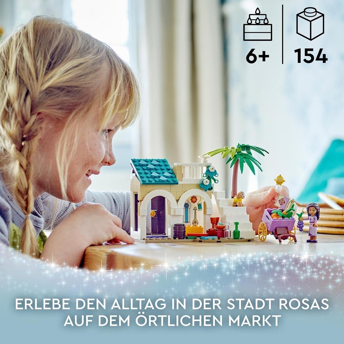 LEGO 43223 Disney Życzenie Ashy w Rosas City, zestaw filmów życzeń z targiem, mini lalka Asha, Valentino jako zabawka-koza i figurki gwiazd, prezent dla dzieci w wieku 6 lat, zestawy do budowania dla dziewcząt i chłopców w sklepie LEGO