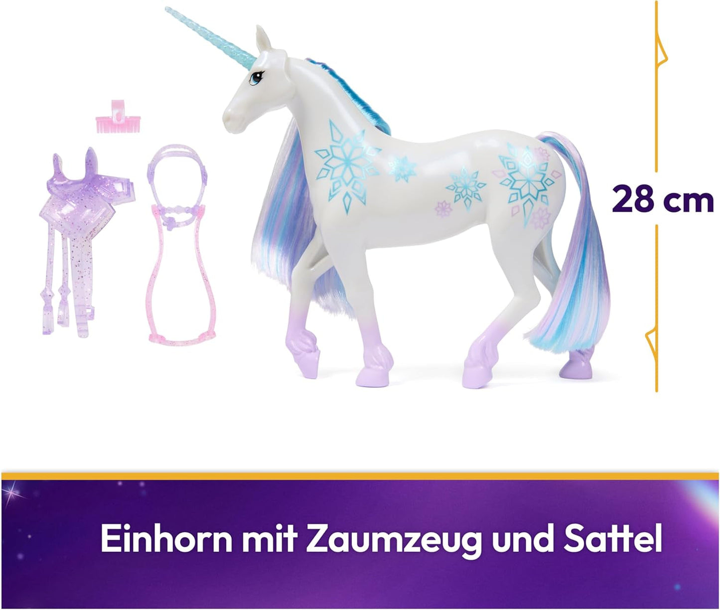 Lodowiec Unicorn Academy Unicorn — 28 cm wzrostu, oryginalny jednorożec Layla's Netflix z prawdziwą grzywą i ogonem, zdejmowaną uzdą, siodłem i szczotką, dla dzieci w wieku od 4 lat