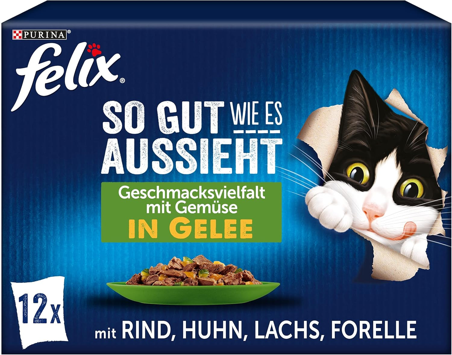 Felix So gut wie es aussieht Katzenfutter nass w Gelee, Sorten-Mix, 6er Pack (6 x 12 Beutel po 85g)