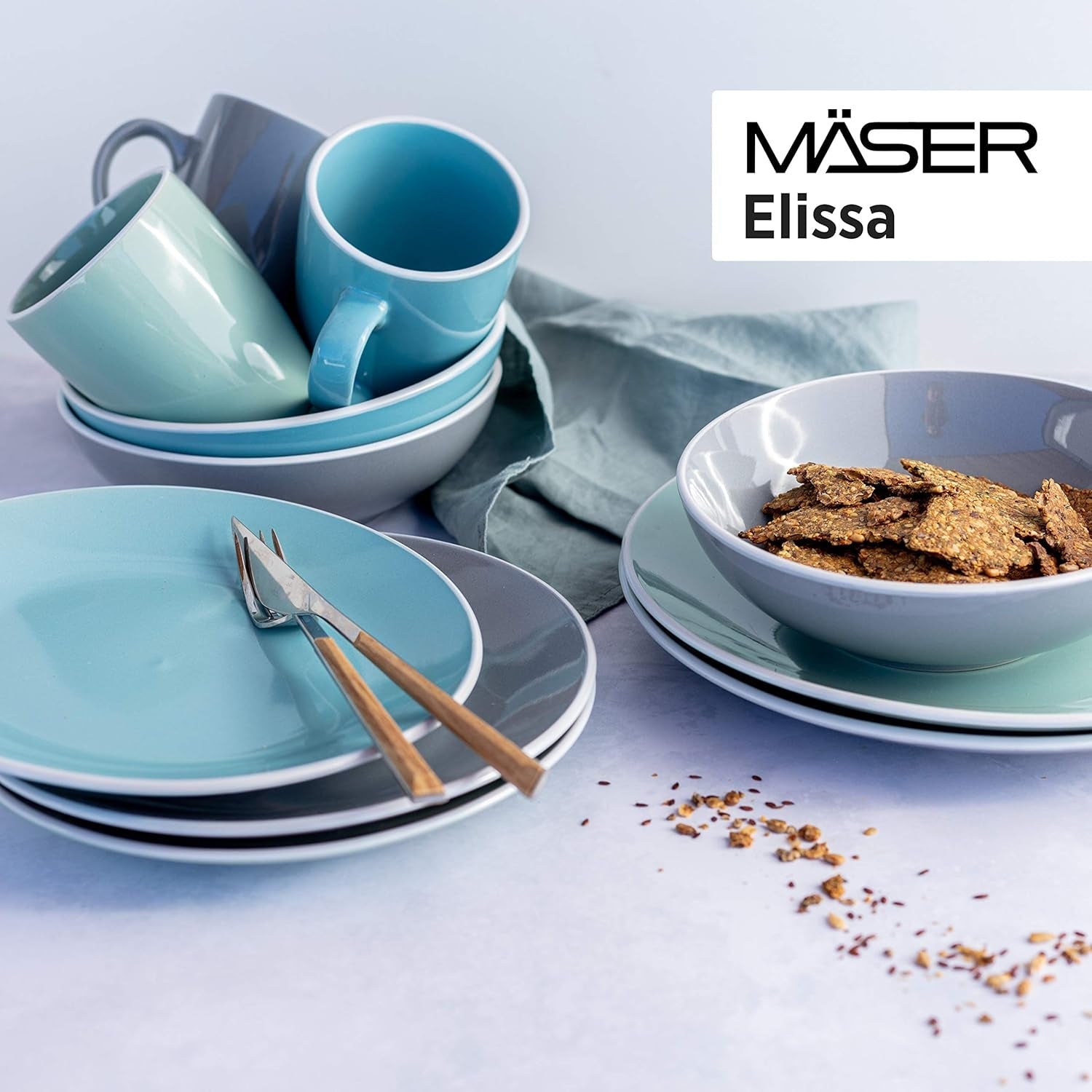 MĘSER 931844 Nowoczesny zestaw zastawy stołowej z serii Elissa na 6 osób, niebieski z białą krawędzią, 24-częściowy zestaw kombinowany, ceramiczny