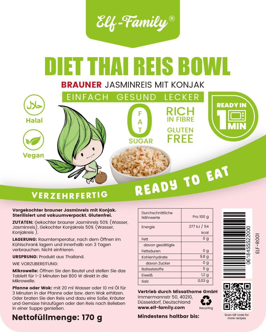 Rodzina Elfów Konjak Reis Thai Brauner Shirataki Bowl - [Diätbox für 1 Wo.] - Instant Jasmin Reis - Fertiggerichte für Mikrowelle - Natürlich Superfoods Mikronährstoffe - Vegan/Low Carb/Fettfrei - 6er Box