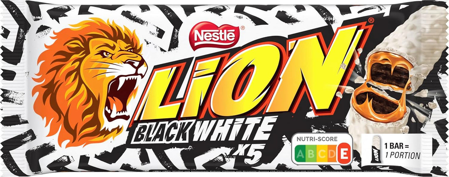 Baton czekoladowy LION Black & White, przekąska o intensywnym smaku, chrupiąca czekolada i chrupiące chipsy, nadzienie brownie, wyjątkowe doznanie rozpływające się w ustach, 1 opakowanie (5 x 30g)