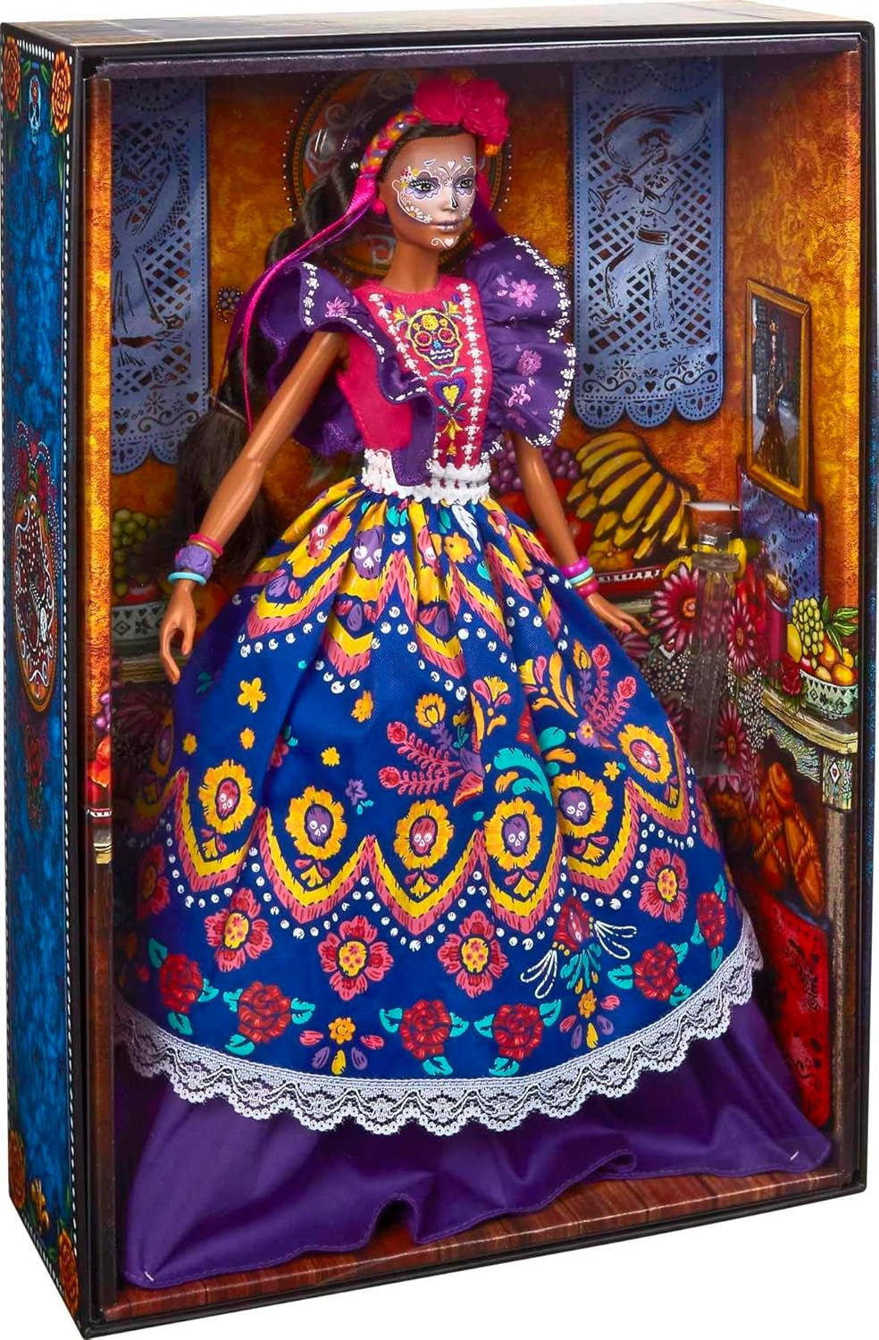2022 Día De Muertos Lalka Barbie z marszczoną tradycyjną sukienką, wieńcem kwiatowym i farbą do twarzy Calavera, prezent dla kolekcjonerów
