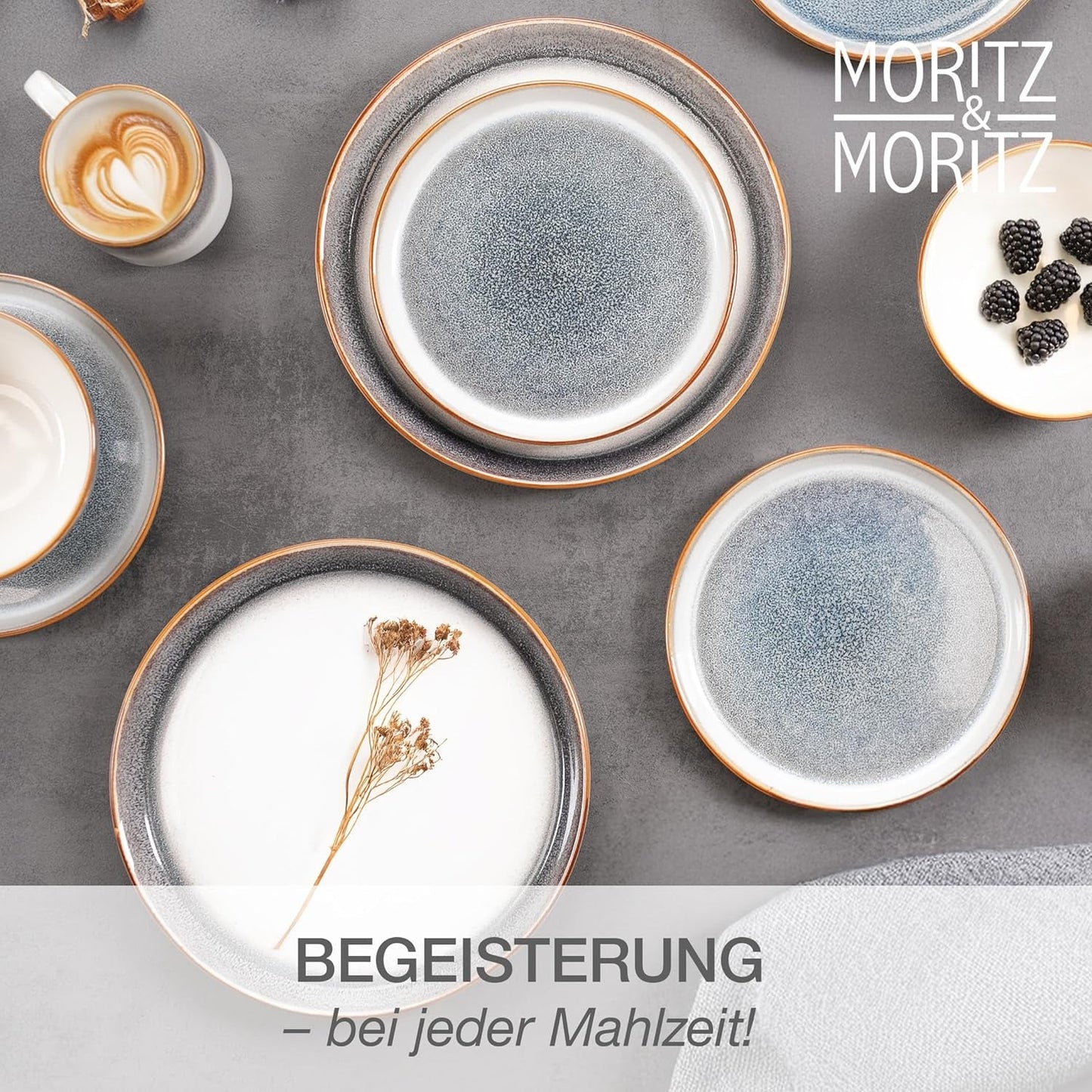 Moritz & Moritz TARENTO 24-częściowy zestaw obiadowy dla 6 osób, szary - Elegancki zestaw talerzy z kamionki wysokiej jakości - Zestaw obiadowy zawiera 6 talerzy obiadowych, 6 talerzy deserowych, 6 talerzy obiadowych i 6 filiżanek