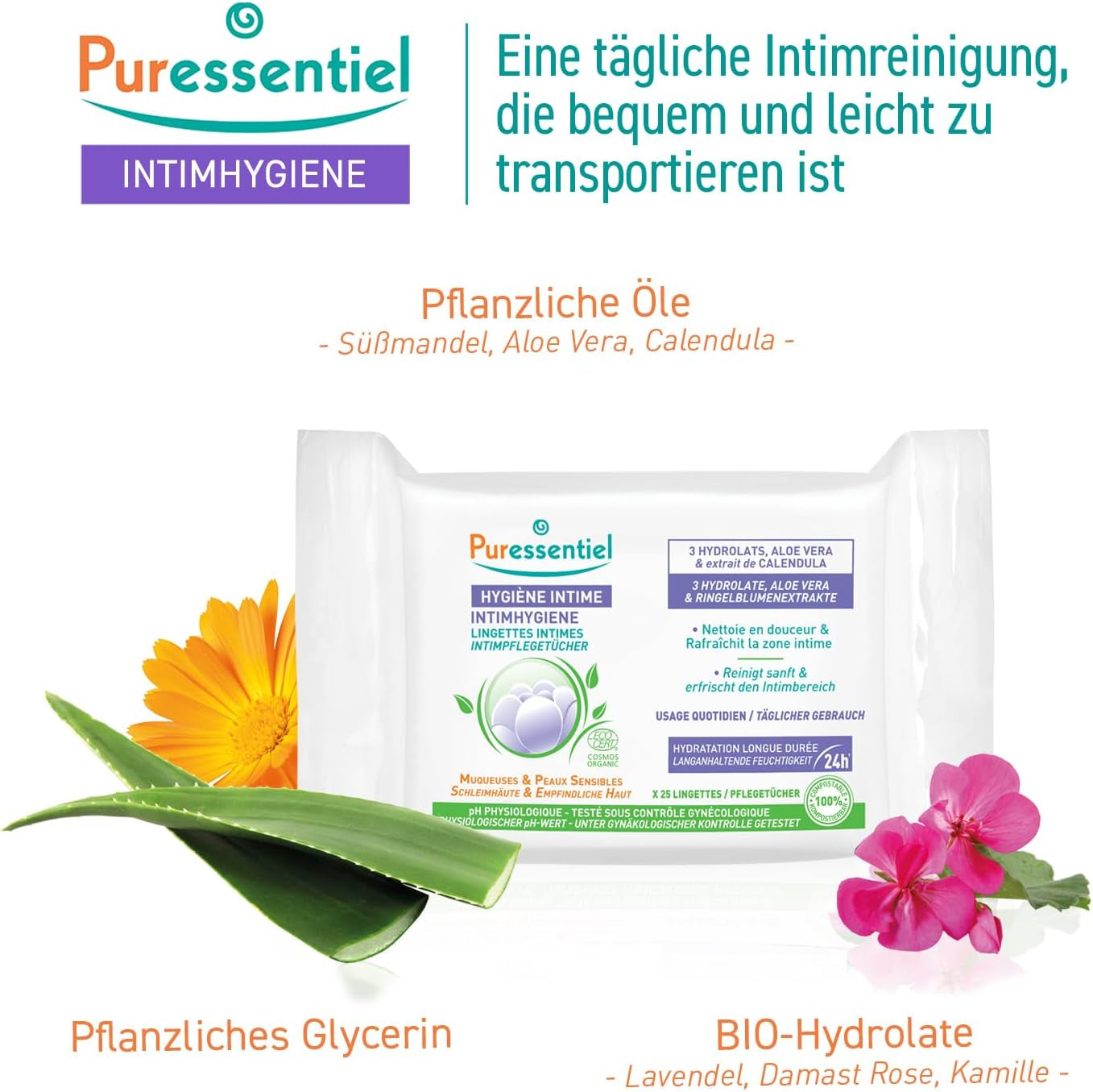 Puressentiel - Higiena intymna - Chusteczki intymne - Oczyszczanie i odświeżanie - Wrażliwe błony śluzowe i skóra - Długotrwałe nawilżenie 24 godziny - Do codziennego użytku - X25 szt.