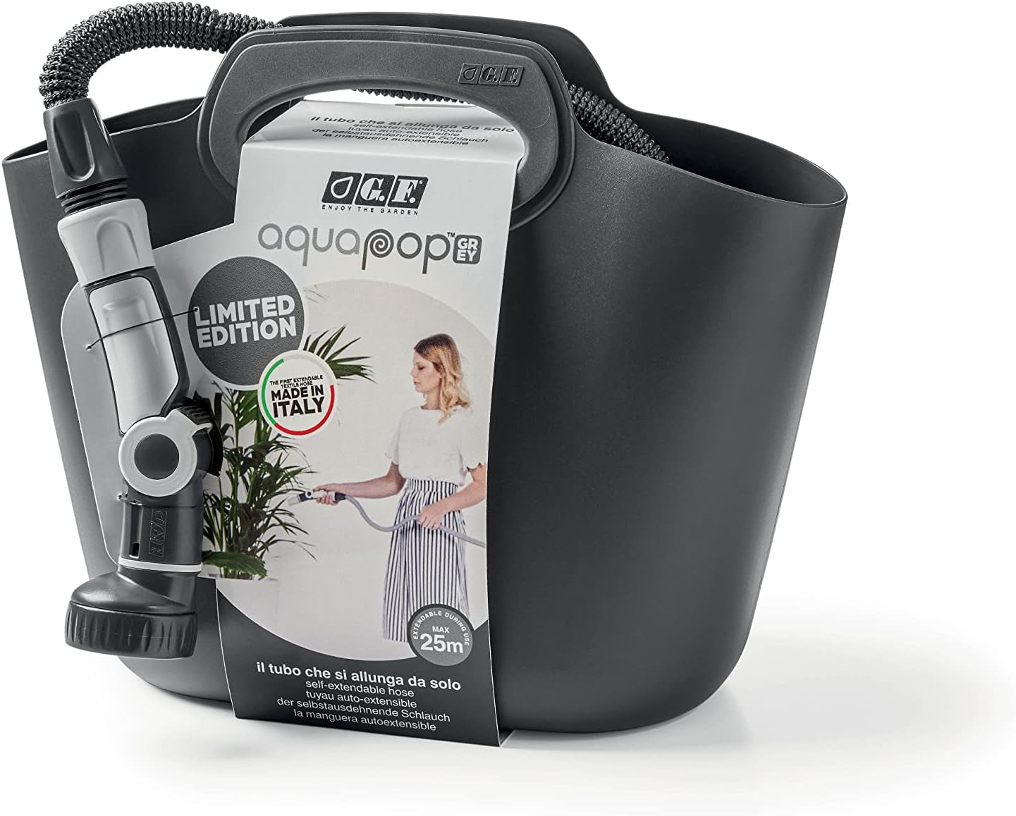 GF SRL, Aquapop Grey Limited Edition z 25 m samorozciągającym się wężem tekstylnym Made in Italy, miękka plastikowa torba, dysze i złączki Lancia 8 do nawadniania ogrodu, ciemnoszary