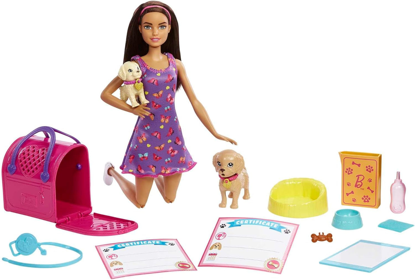Adopcja Barbie Puppy - lalka i 2 szczenięta, z certyfikatami adopcyjnymi, efektem zmiany koloru, klatką i akcesoriami, dla dzieci w wieku od 3 lat, 86 HKD