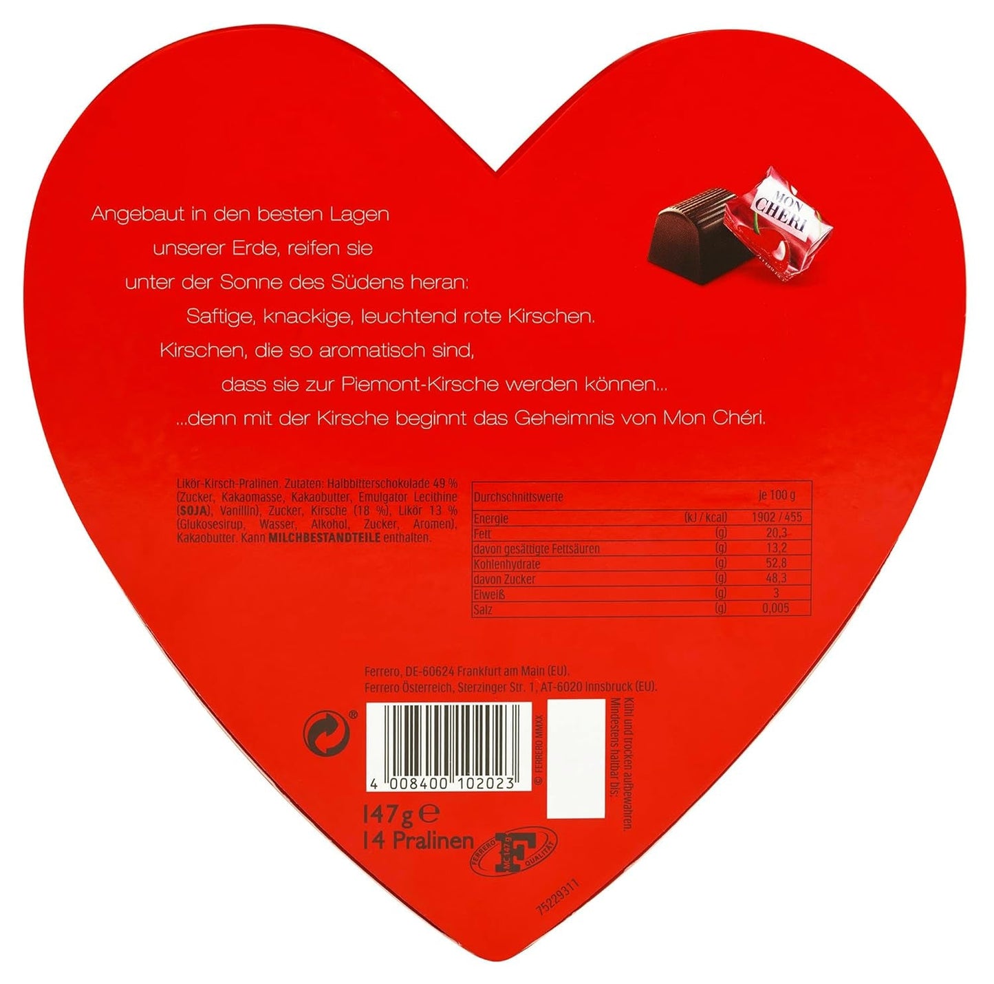 Ferrero Mon Chéri Heart - Czekoladowy prezent na Walentynki dla niego i dla niej - Chrupiąca czekolada, likier owocowy i aromatyzowane wiśnie - Na Walentynki, Dzień Matki i Wielkanoc - 1 opakowanie 147g