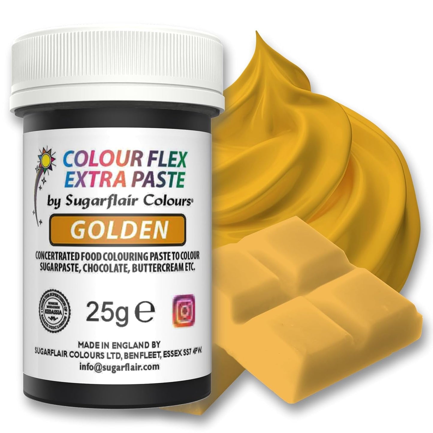 Barwnik spożywczy Sugarflair Colourflex Extra Paste Golden - Jadalny barwnik spożywczy do śmietany, czekolady, pasty cukrowej, lukru, kremówki, mieszanek ciast, ciast i nie tylko - 25g