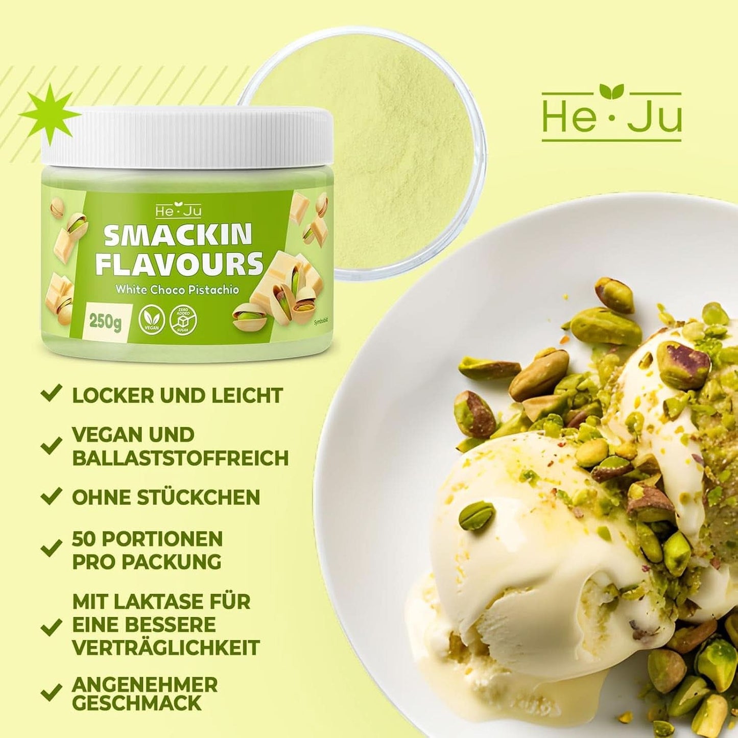 He-Ju, Proszek o smaku białej czekolady i pistacji, 250 gramów Naty Shop Flavours