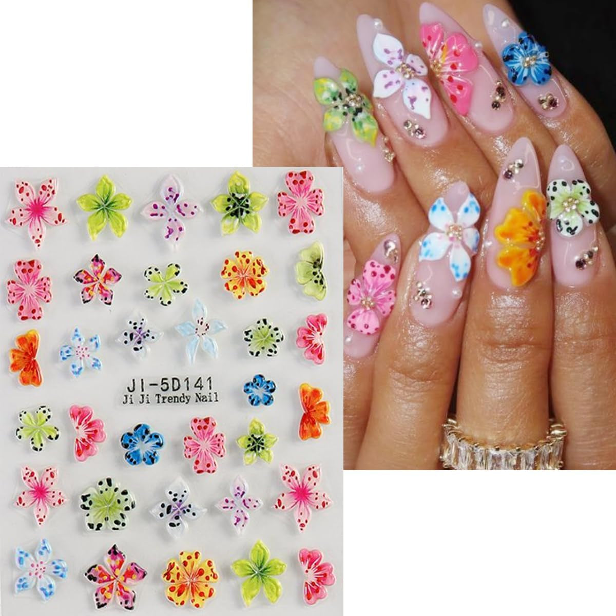 JMEOWIO 3D Nagelsticker Kolorowy kwiat Nail Art Naklejka Selbstklebend Nagelaufkleber 5D Stereoskopisch Wiosna Lato Kwiatowa dekoracja Nageldesign Zubehör 4 Blatt