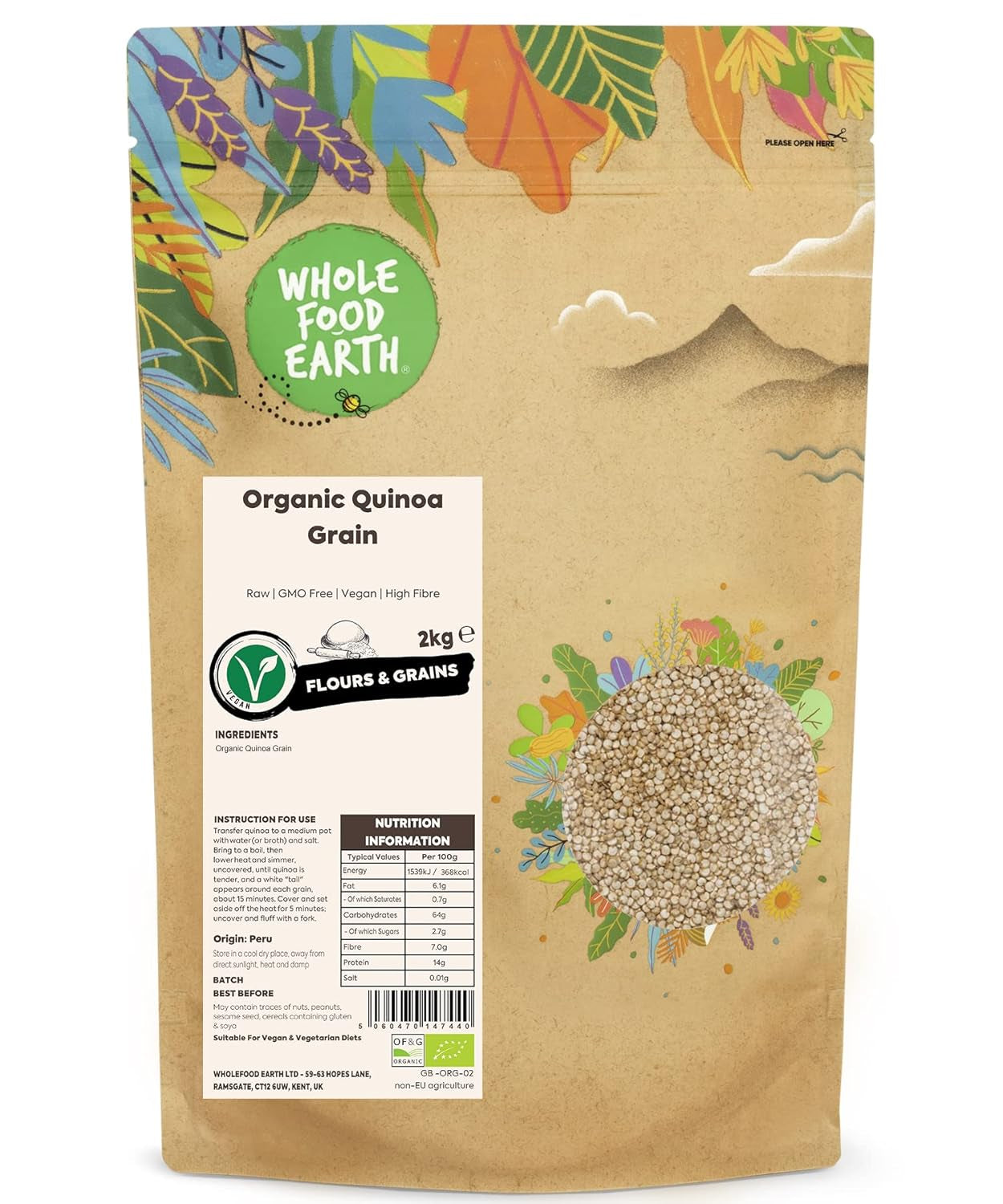 Organiczne ziarna komosy ryżowej pełnoziarnistej – 2kg | Okrutny | Bez GMO | wegańskie | Bogaty w błonnik | Certyfikowane organiczne