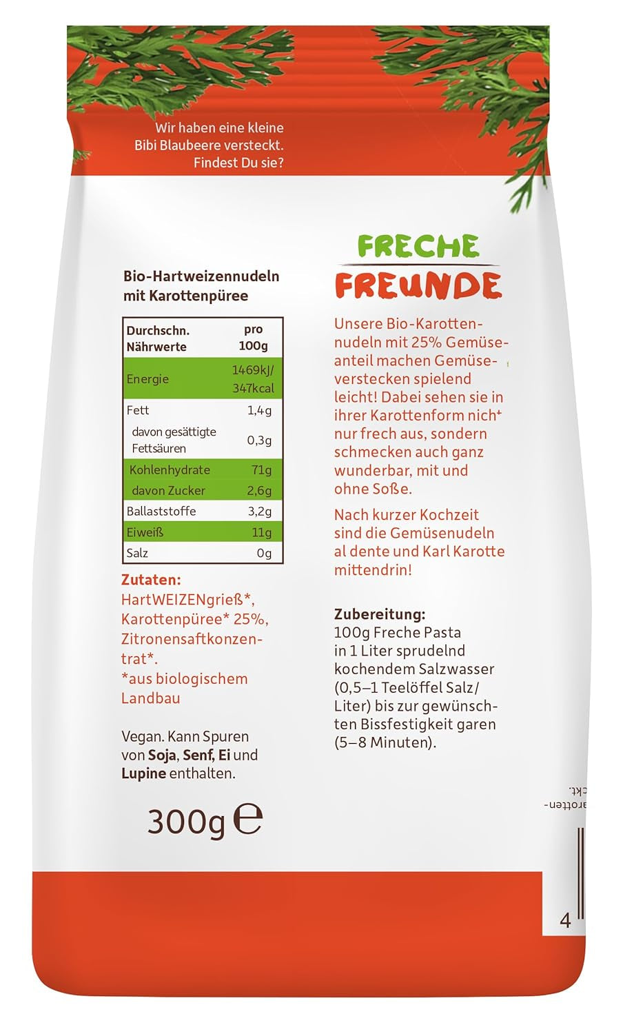 Freche Freunde Organiczny makaron warzywny „Marchew” 25% zawartości warzyw Wegański 6 opakowań (6 x 300 g)