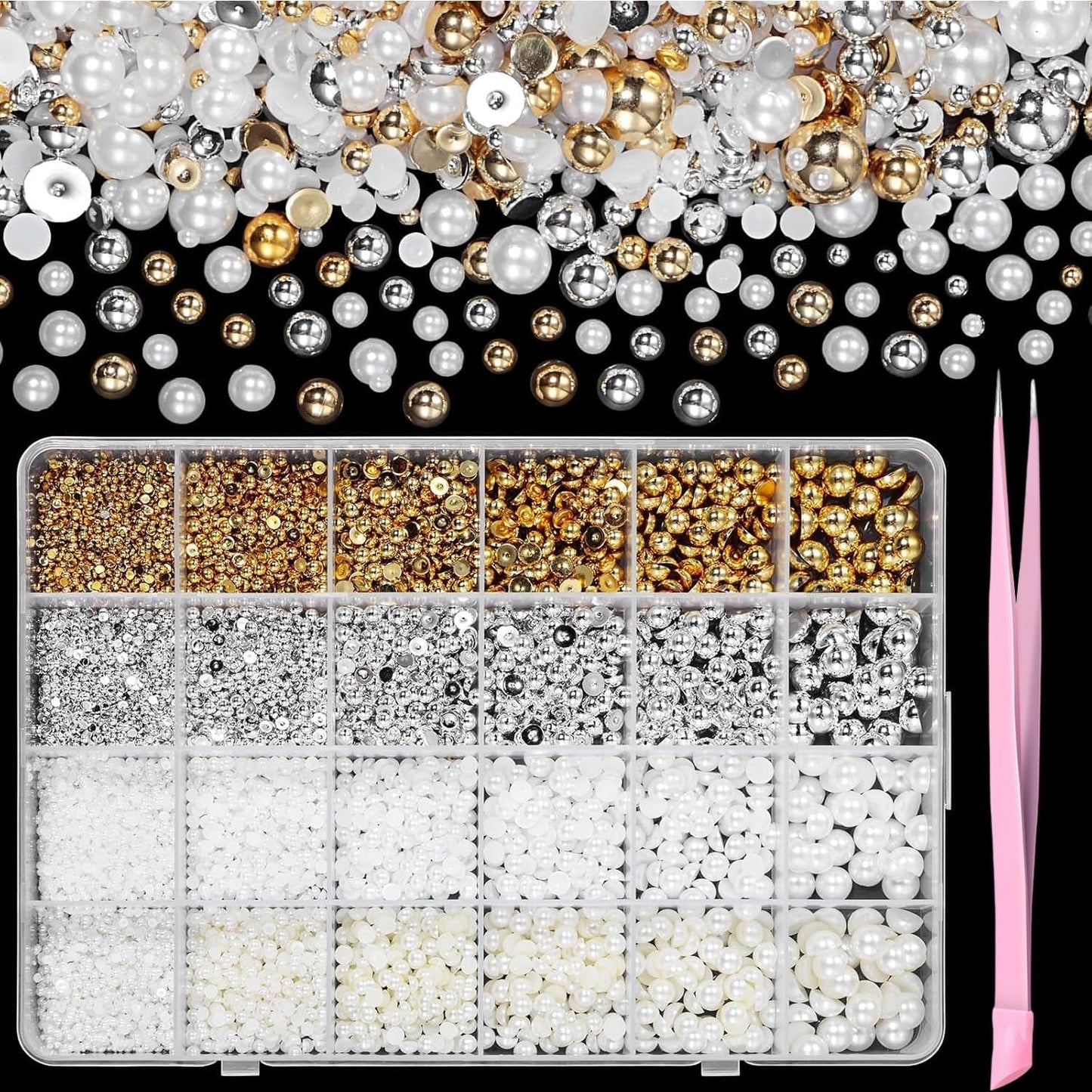 GZMAYUEN 920 szt. Złoto srebro Flatback Perlen Für Nägel, Halbrunde Weiße Beige Nail Perlen, Kleine Halbrunde Flatback Perlen Für DIY Nail Art Decor