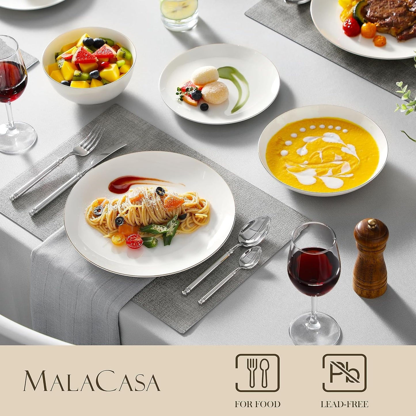 MALACASA 4-osobowy zestaw obiadowy Bone China 16-częściowy zestaw obiadowy Okrągły biały ze złotym brzegiem Zestaw 4 talerzy obiadowych 4 talerze deserowe 4 talerze Suma i 4 miski na płatki zbożowe Seria NORI
