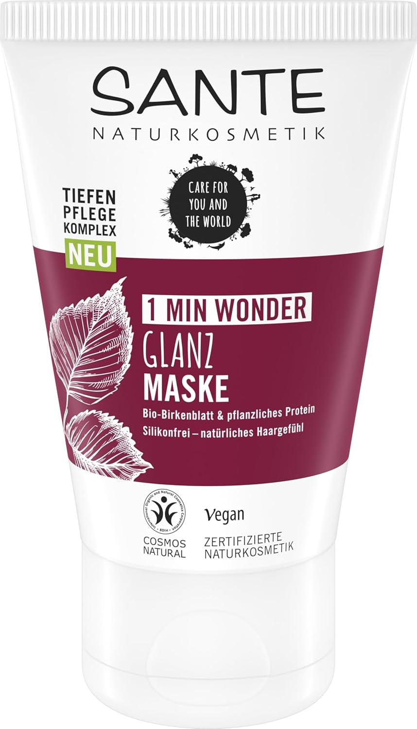 SANTE Naturkosmetik Glossy Shine Mask organiczny ekstrakt z liści brzozy + 3x kompleks białkowy, bezsilikonowa i nawilżająca maska do włosów, wegańska pielęgnacja włosów zapewniająca większy połysk i elastyczność, 150 ml Maska do włosów Naty Shop Vechi