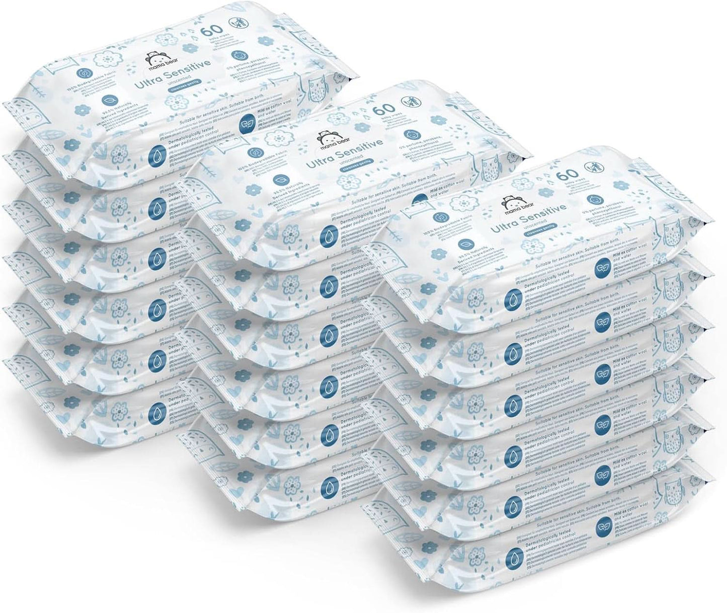Mama Bear Ultra Sensitive Chusteczki dla niemowląt Bezzapachowe, 1008 szt. (18 opakowań po 60 szt.) Naty Shop