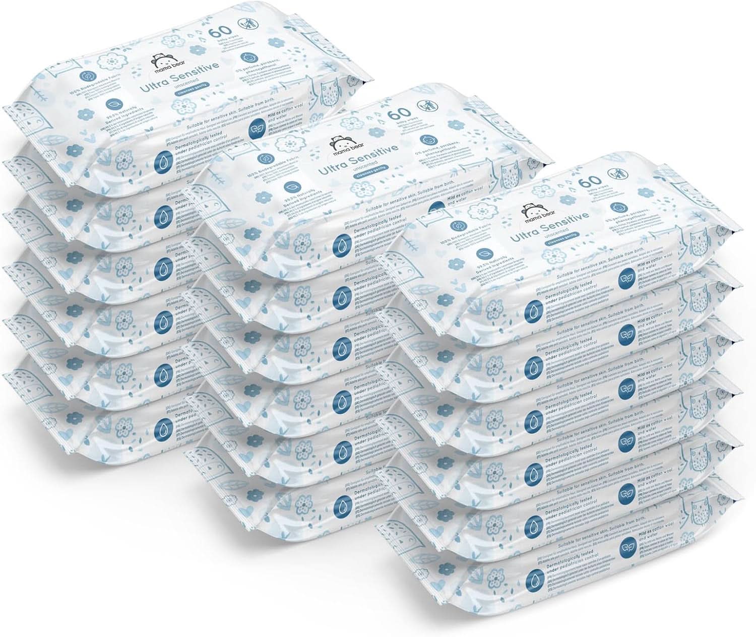 Mama Bear Ultra Sensitive Chusteczki dla niemowląt Bezzapachowe, 1008 szt. (18 opakowań po 60 szt.) Naty Shop
